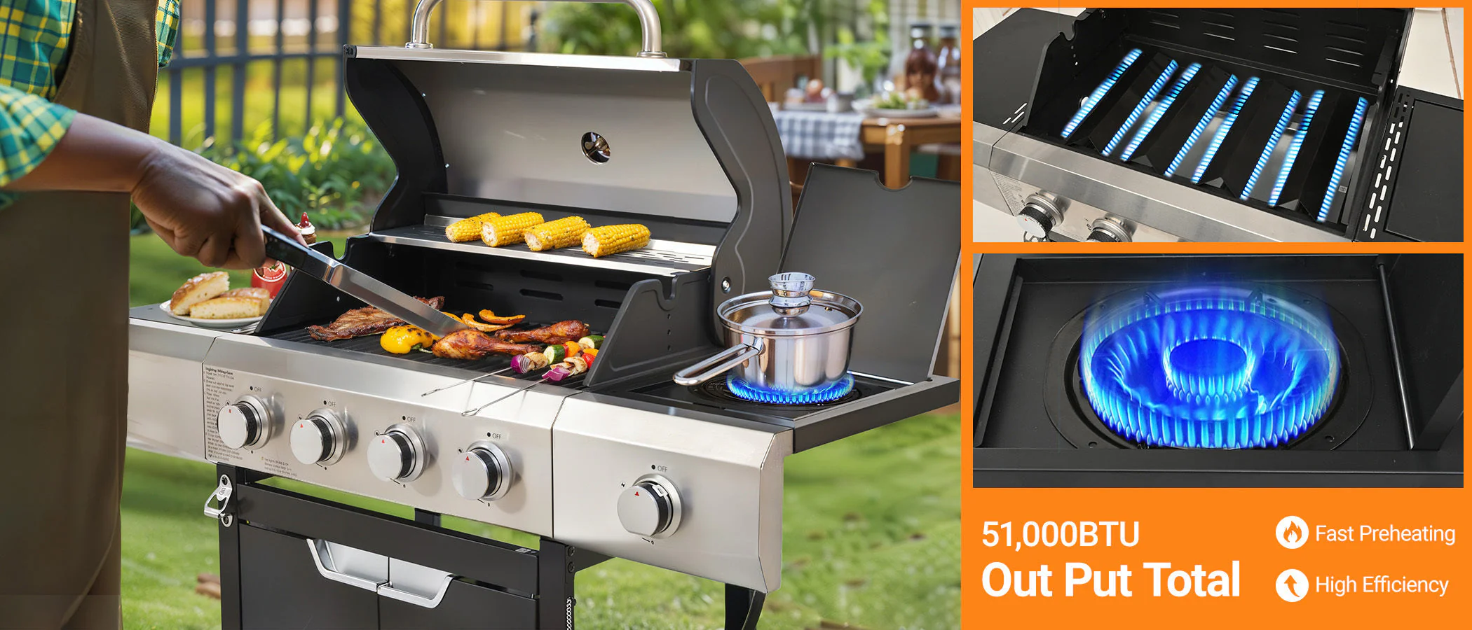 Propane Grill 4 Burner Barbecue Grill Stainless Steel Gas Grill with Side Burner - Image 14