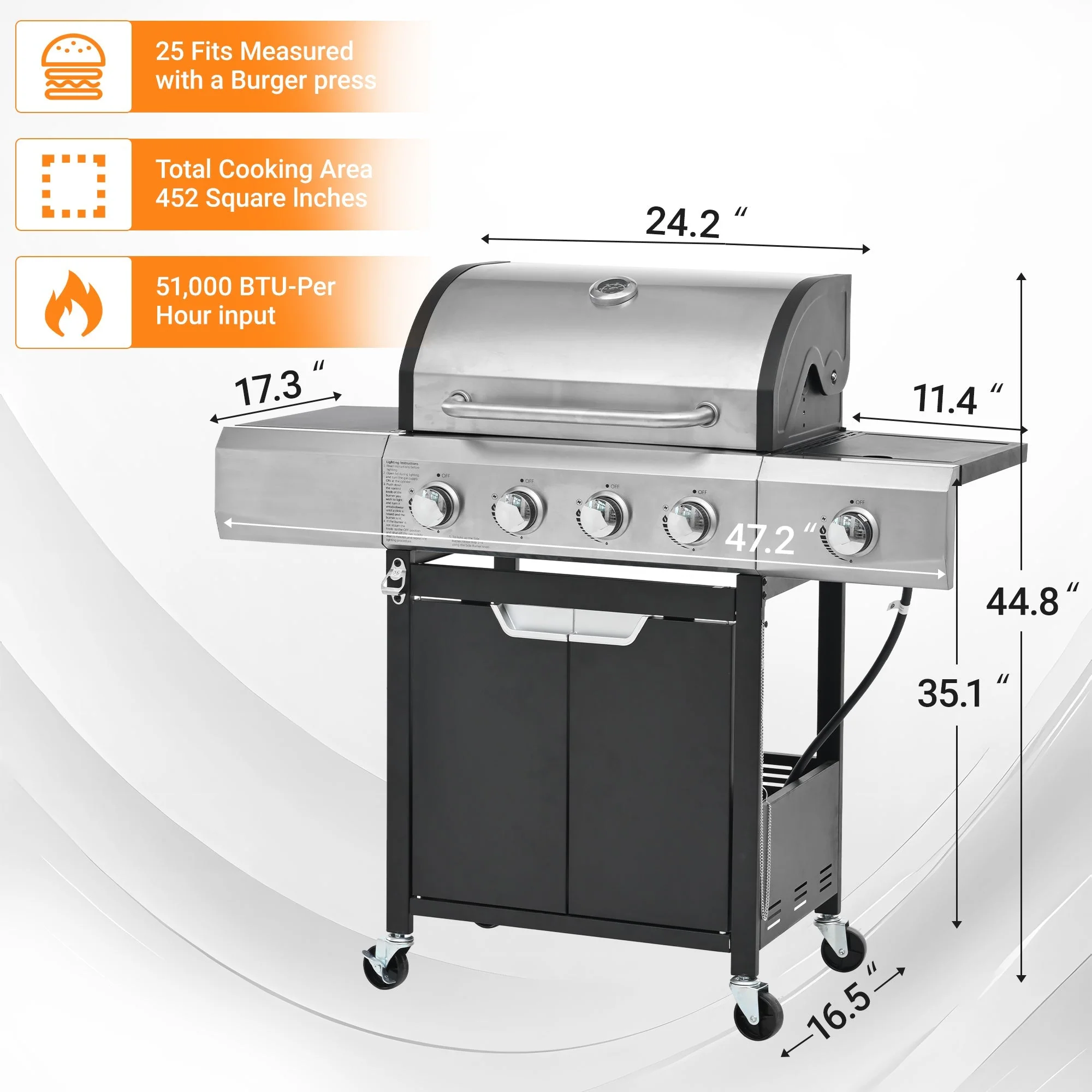 Propane Grill 4 Burner Barbecue Grill Stainless Steel Gas Grill with Side Burner - Image 2
