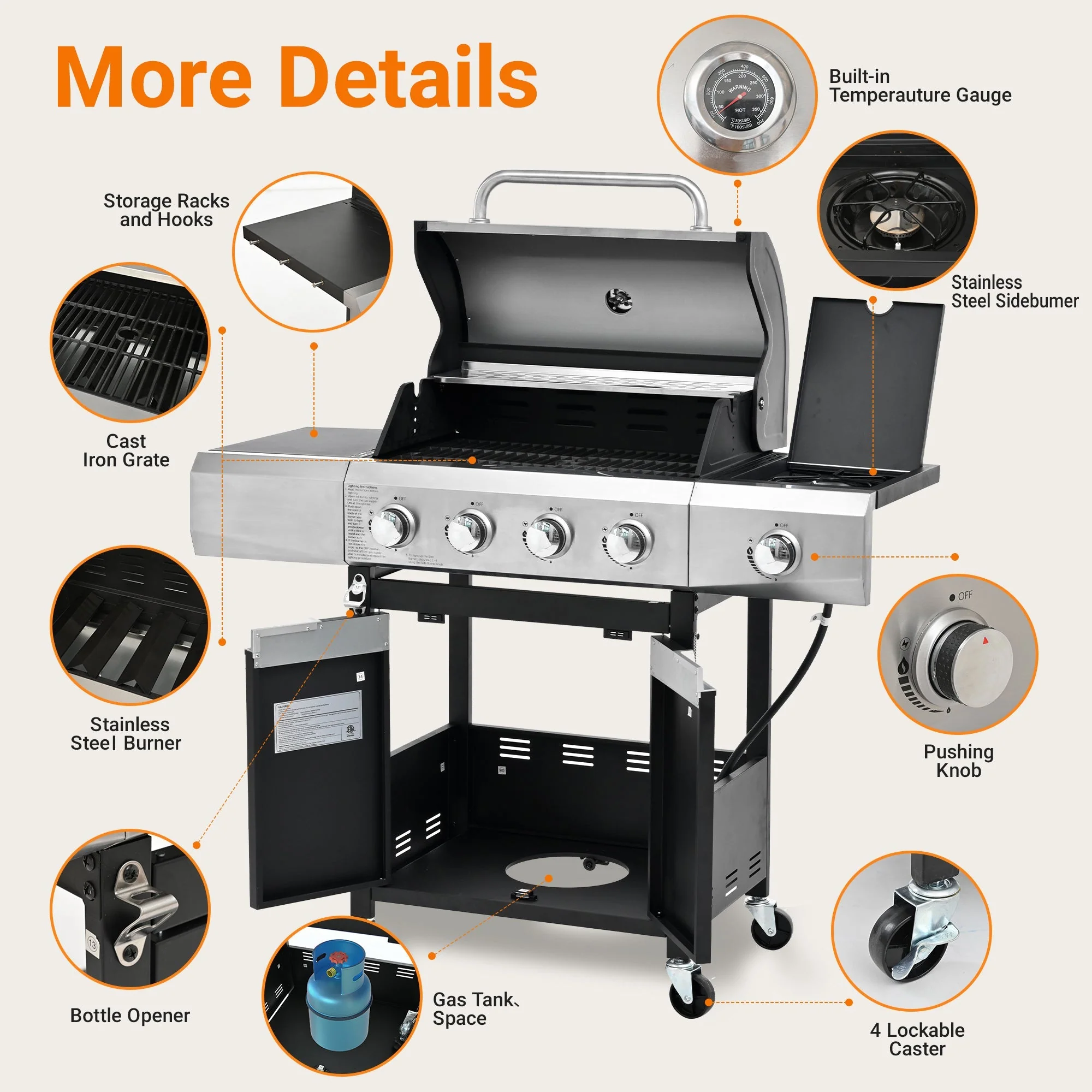 Propane Grill 4 Burner Stainless Steel Gas Grill with Side Burner - Image 4
