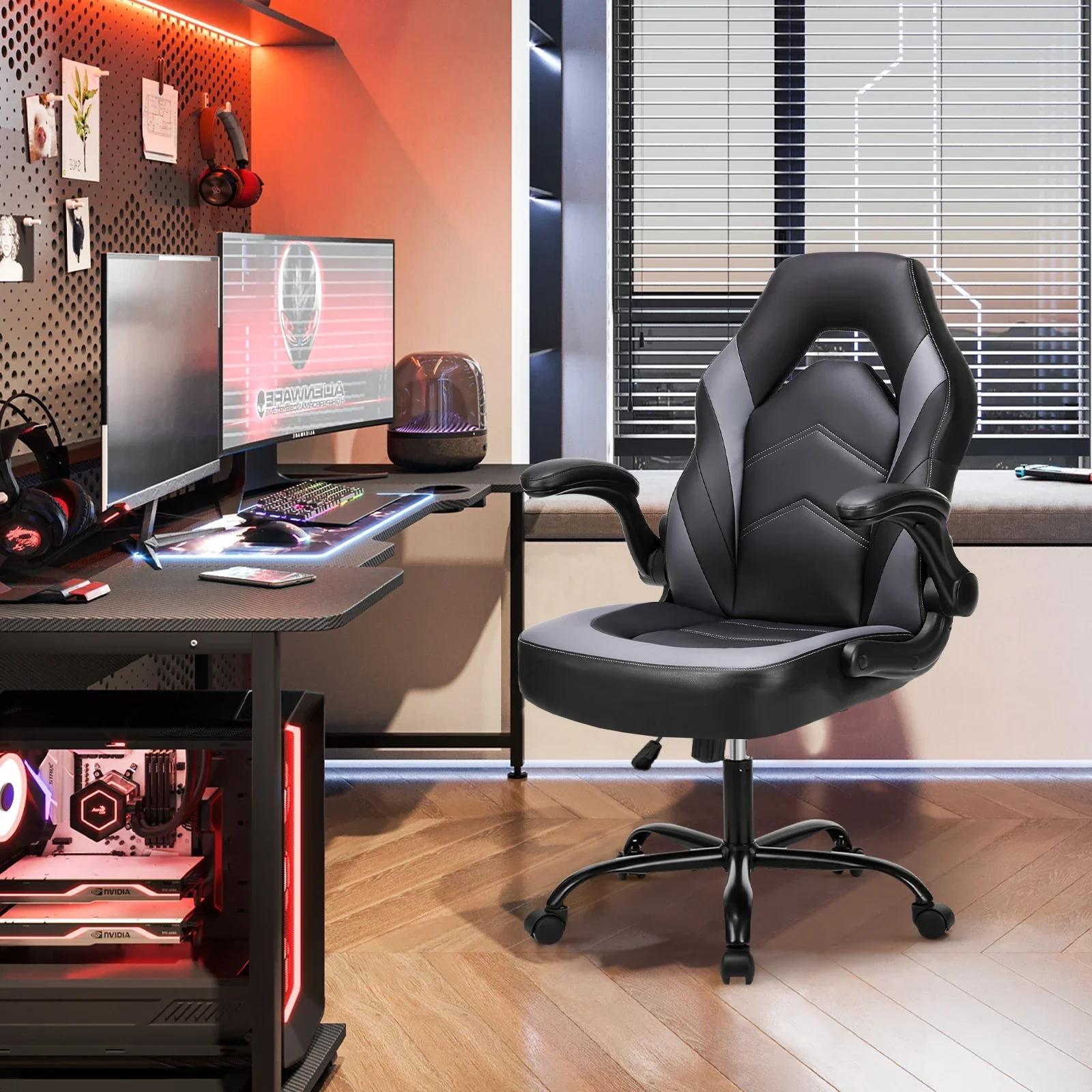 PU Leather Ergonomic Gaming Chair Flip-Up Armrests Adjustable Office Desk - Image 2