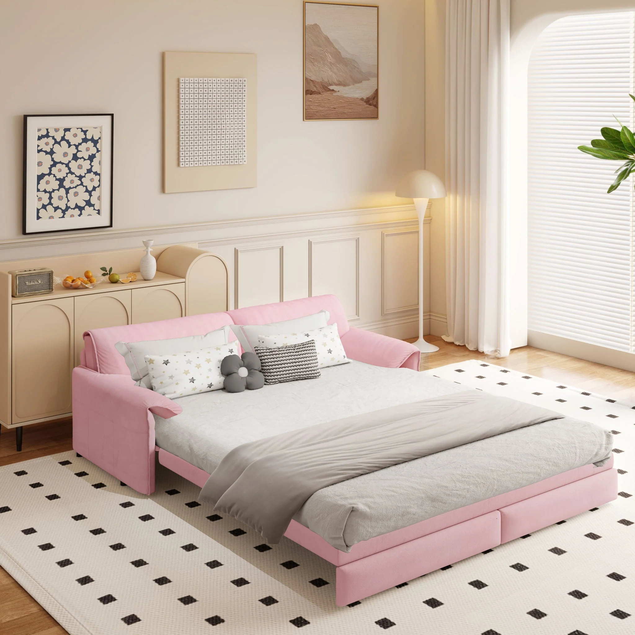 Pull Out 3 In 1 Convertible Sleeper Sofa With Side Storage, Multi Functional - Image 6