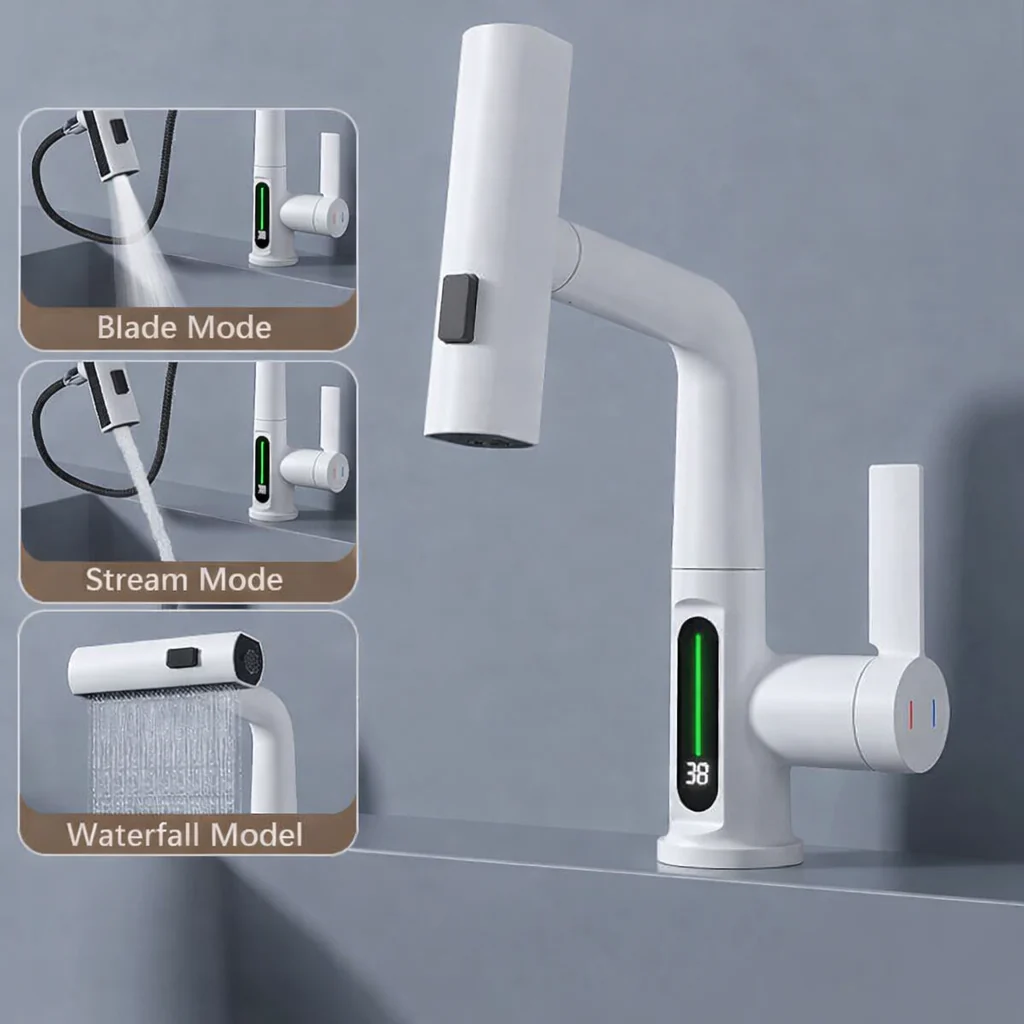 Pull Out Waterfall Kitchen Faucet Digital Display Hot Cold Mixer Sink Tap - Image 10
