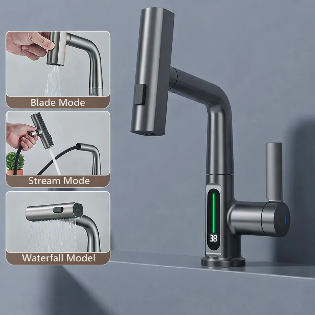 Pull Out Waterfall Kitchen Faucet Digital Display Hot Cold Mixer Sink Tap - Image 11