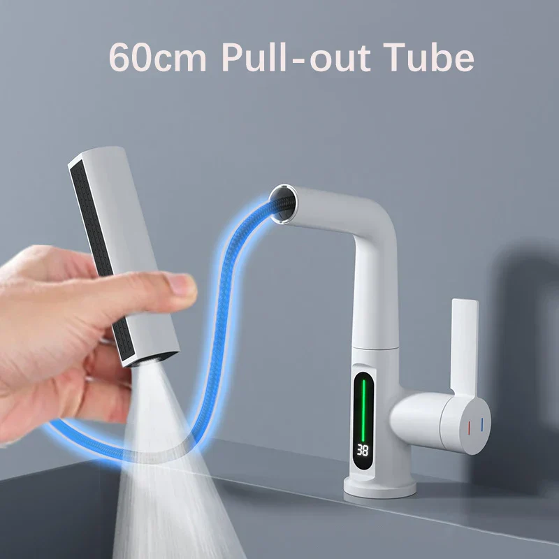 Pull Out Waterfall Kitchen Faucet Digital Display Hot Cold Mixer Sink Tap - Image 3