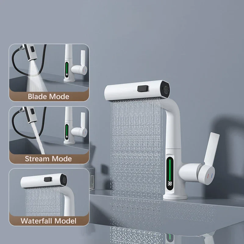Pull Out Waterfall Kitchen Faucet Digital Display Hot Cold Mixer Sink Tap - Image 4