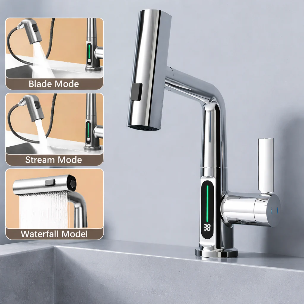 Pull Out Waterfall Kitchen Faucet Digital Display Hot Cold Mixer Sink Tap - Image 7