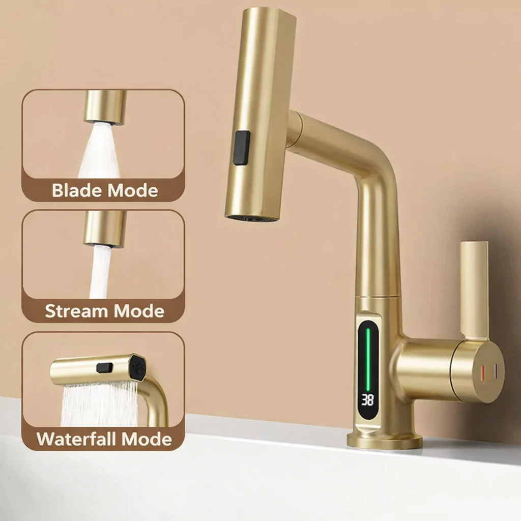 Pull Out Waterfall Kitchen Faucet Digital Display Hot Cold Mixer Sink Tap - Image 8