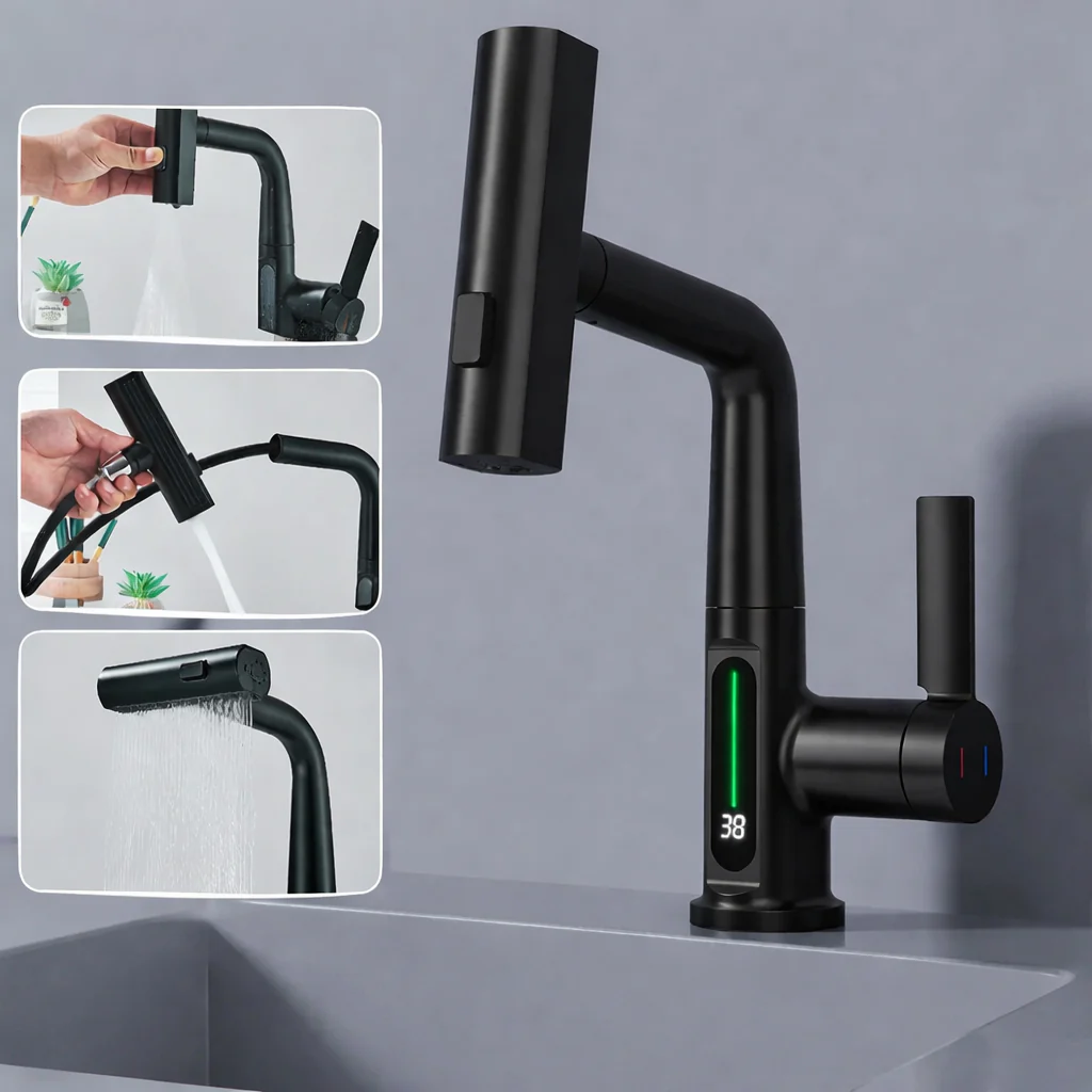 Pull Out Waterfall Kitchen Faucet Digital Display Hot Cold Mixer Sink Tap - Image 9