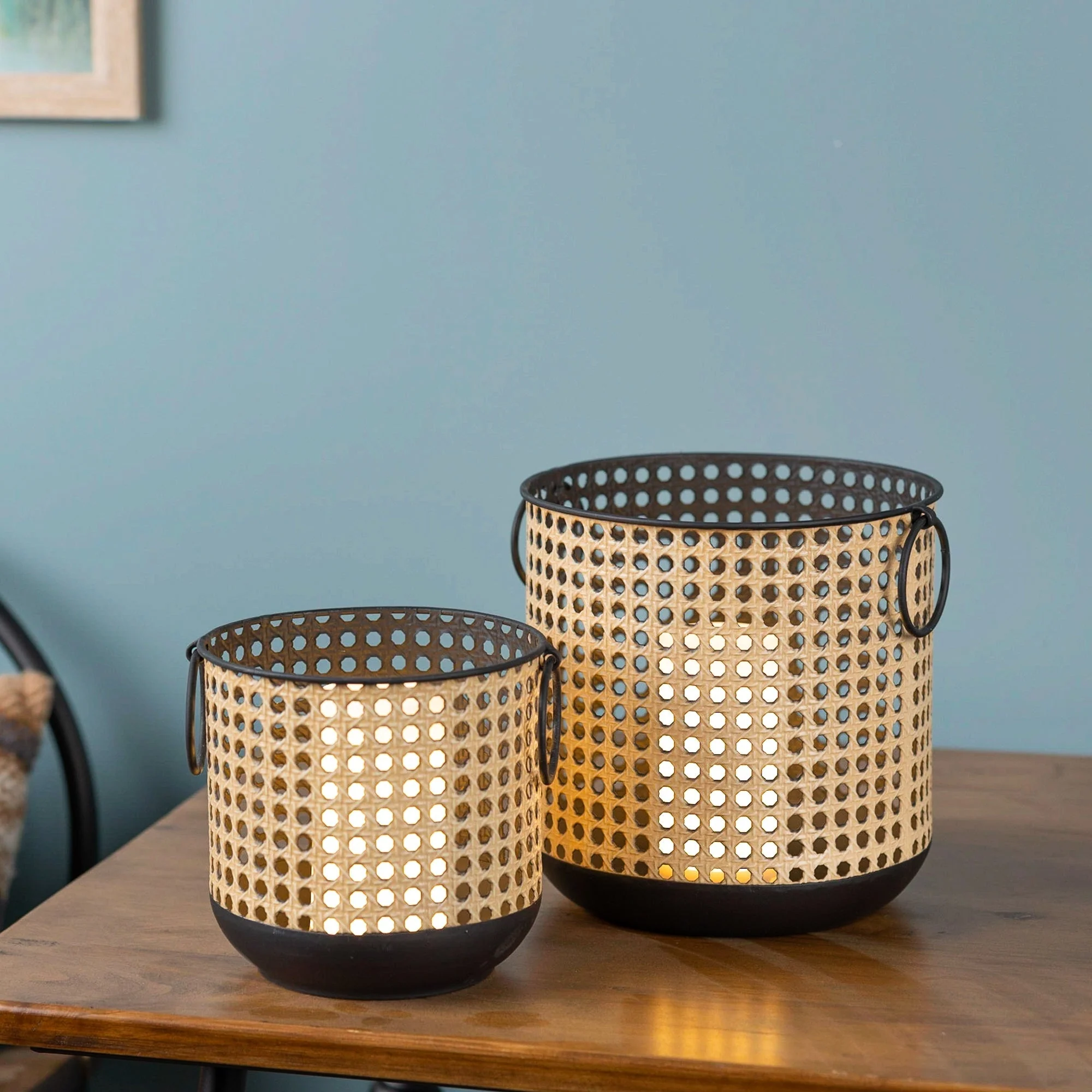 Punched Metal Candle Holder with Rattan Design (Set of 2) - Image 4