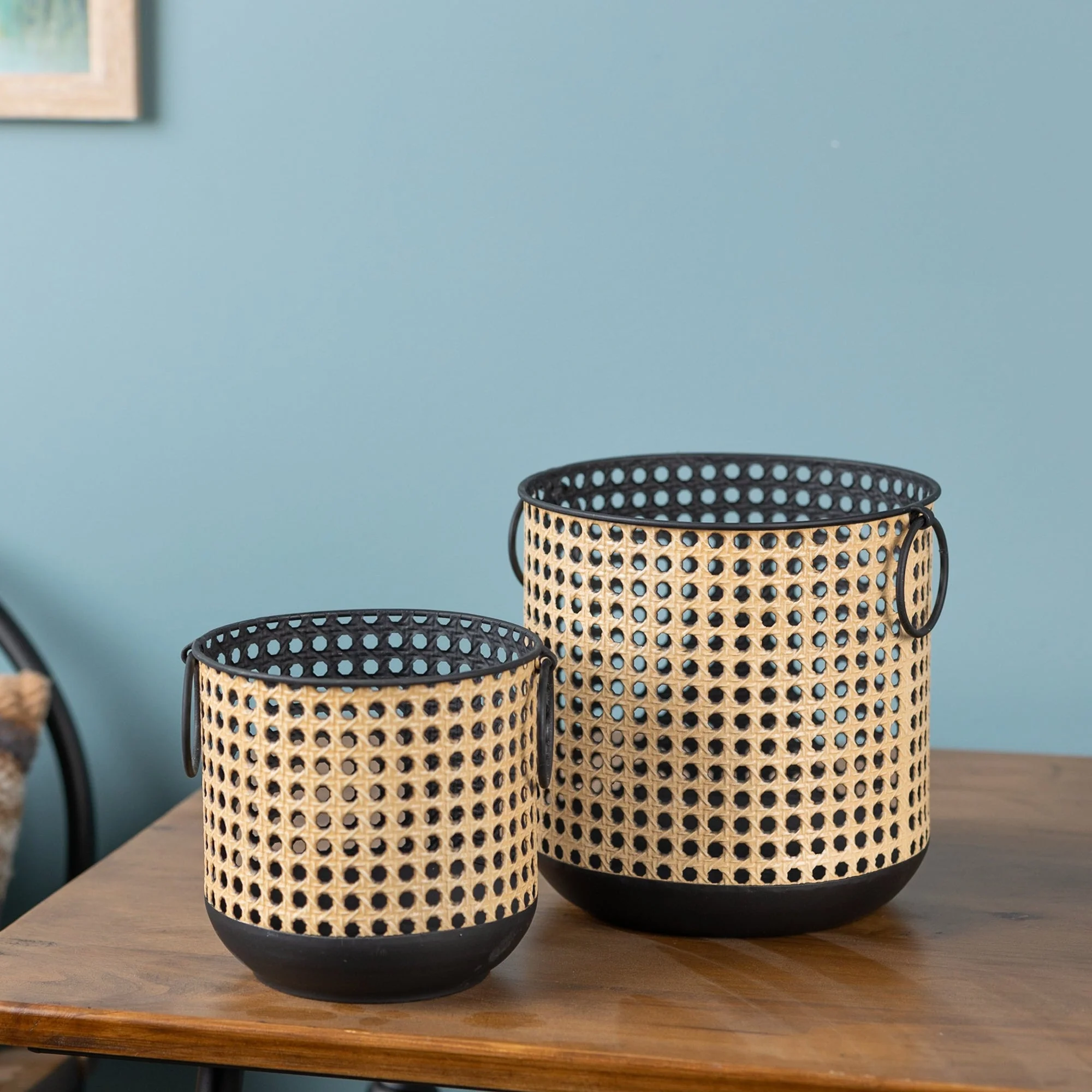 Punched Metal Candle Holder with Rattan Design (Set of 2) - Image 5