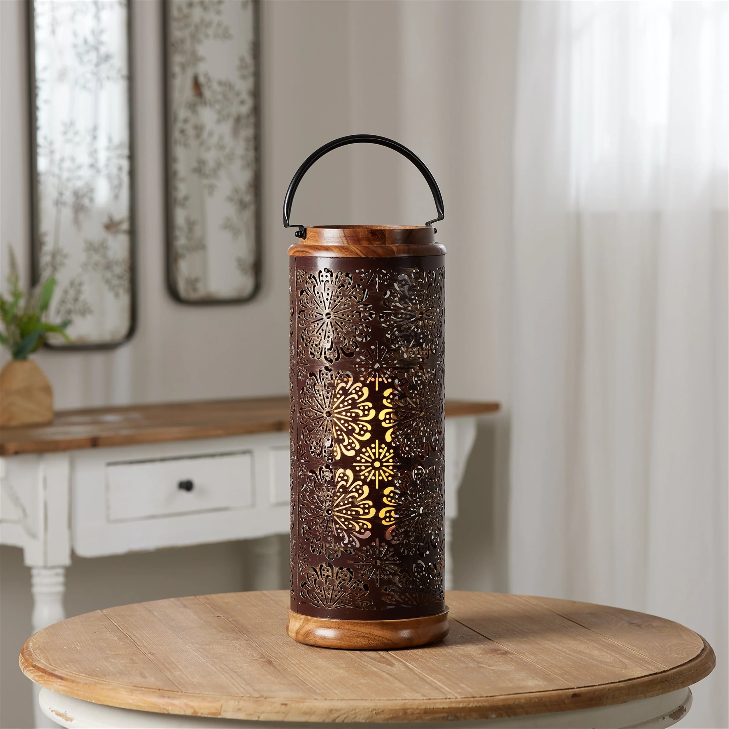 Punched Metal Lantern with Natural Wood Accents 19"H - Image 2