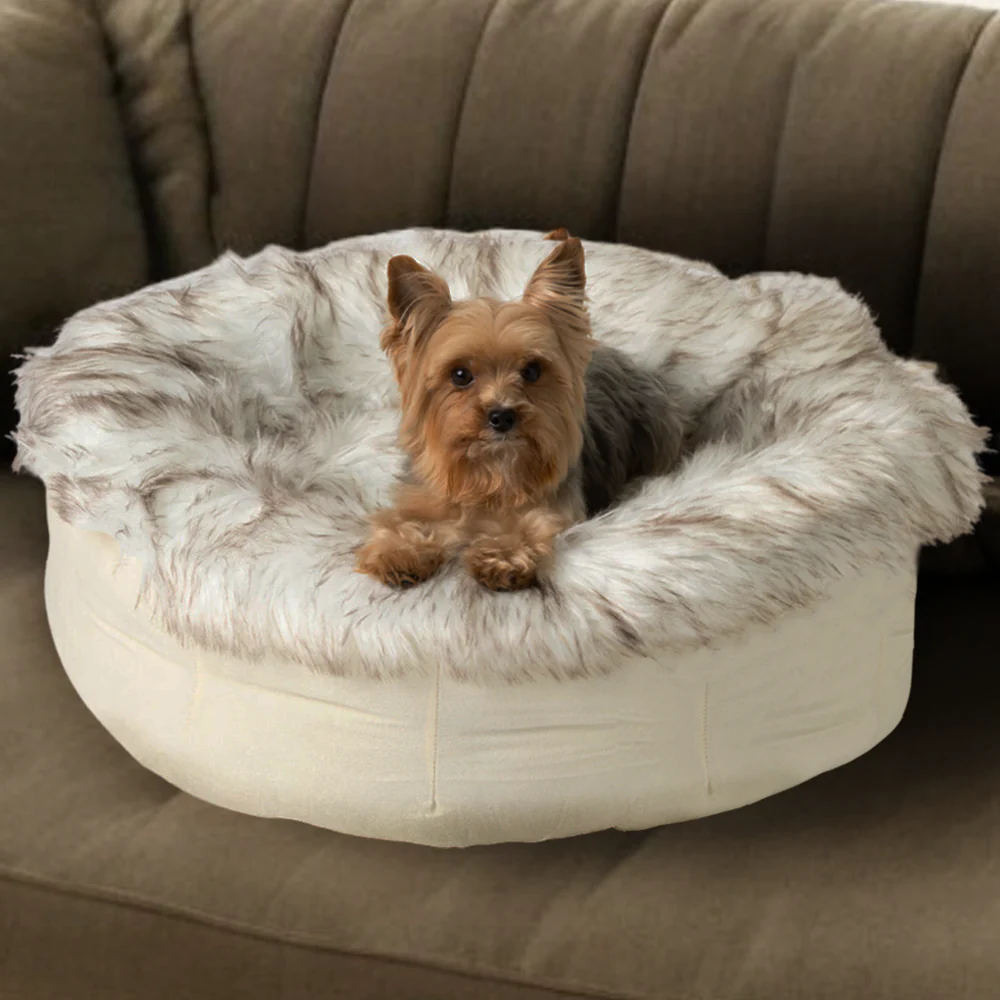 PupPouf™ Faux Fur Donut Dog Bed - White with Brown Accents - Image 2