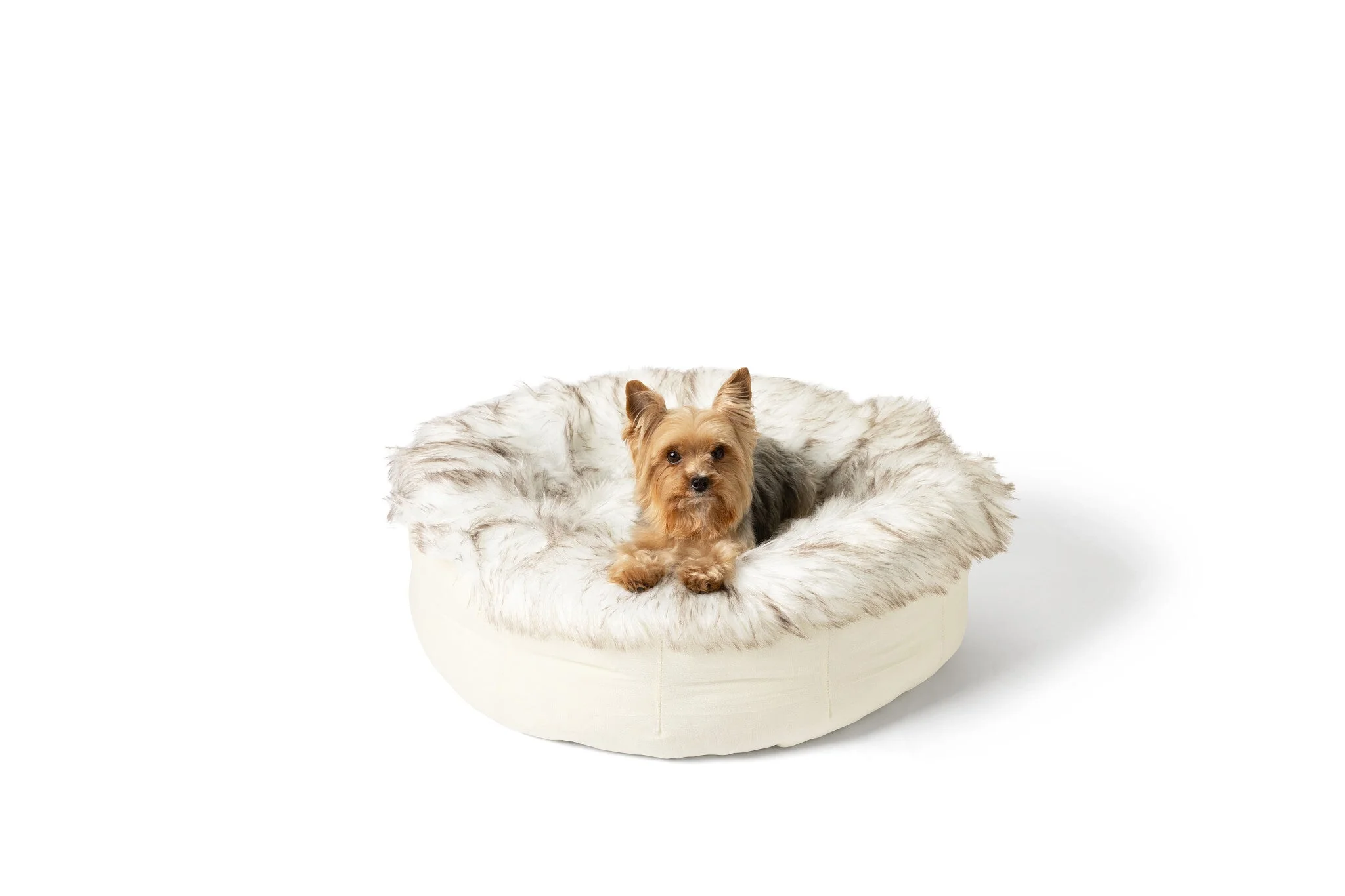 PupPouf™ Faux Fur Donut Dog Bed - White with Brown Accents - Image 3
