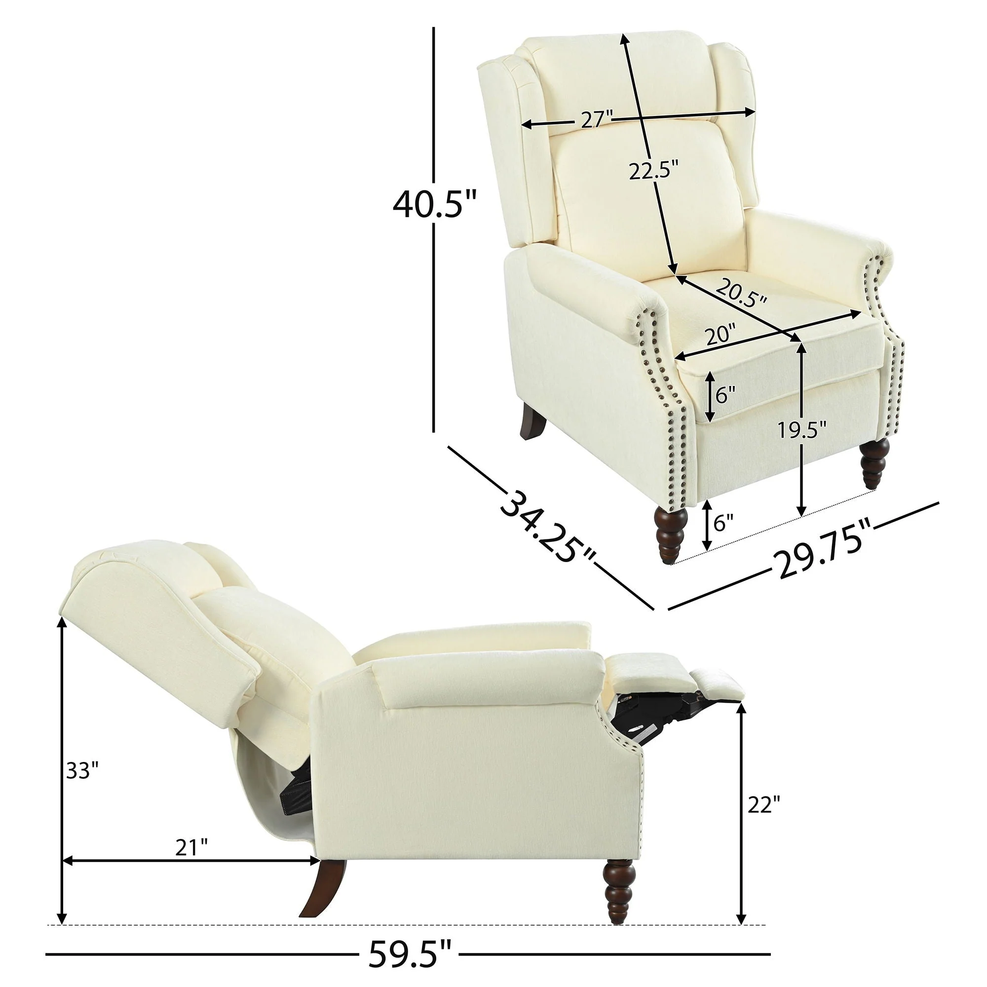 Push Back Recliner Chair Upholstered With Classic Wing Back And Solid Gourd-Shaped Legs - Image 4