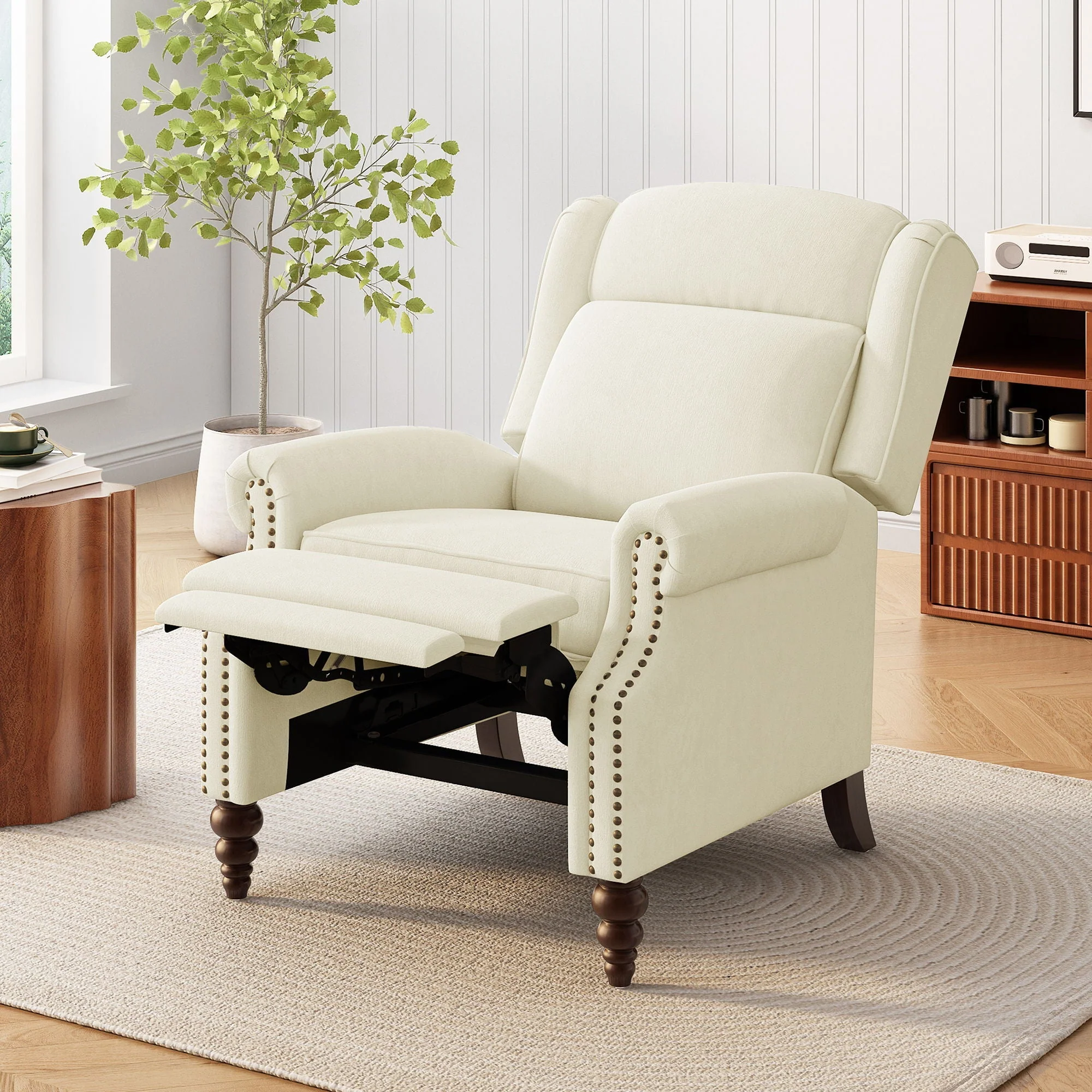 Push Back Recliner Chair Upholstered With Classic Wing Back And Solid Gourd-Shaped Legs - Image 5