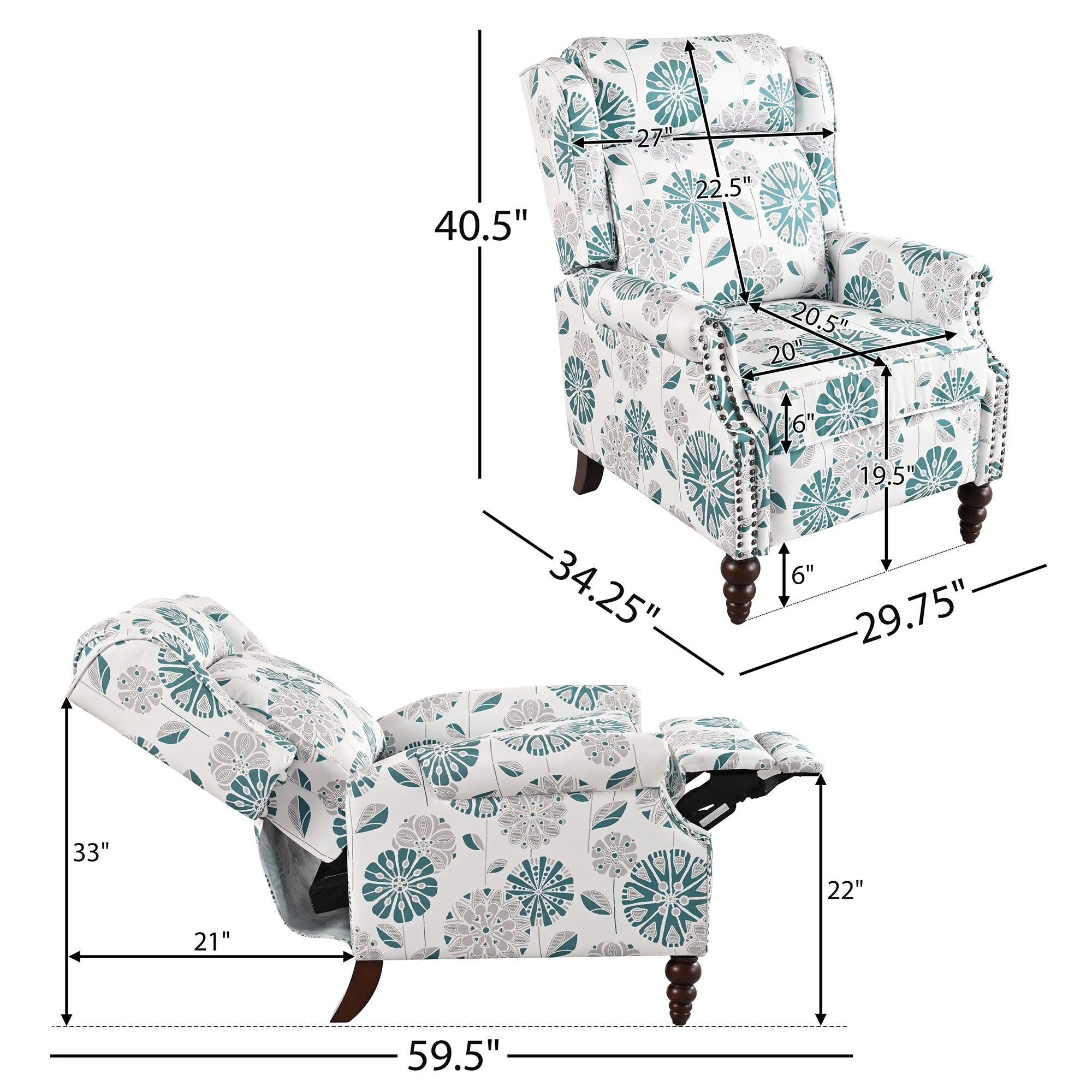 Push Back Recliner Chair Upholstered With Classic Wing Back And Solid Gourd-Shaped Legs - Image 6