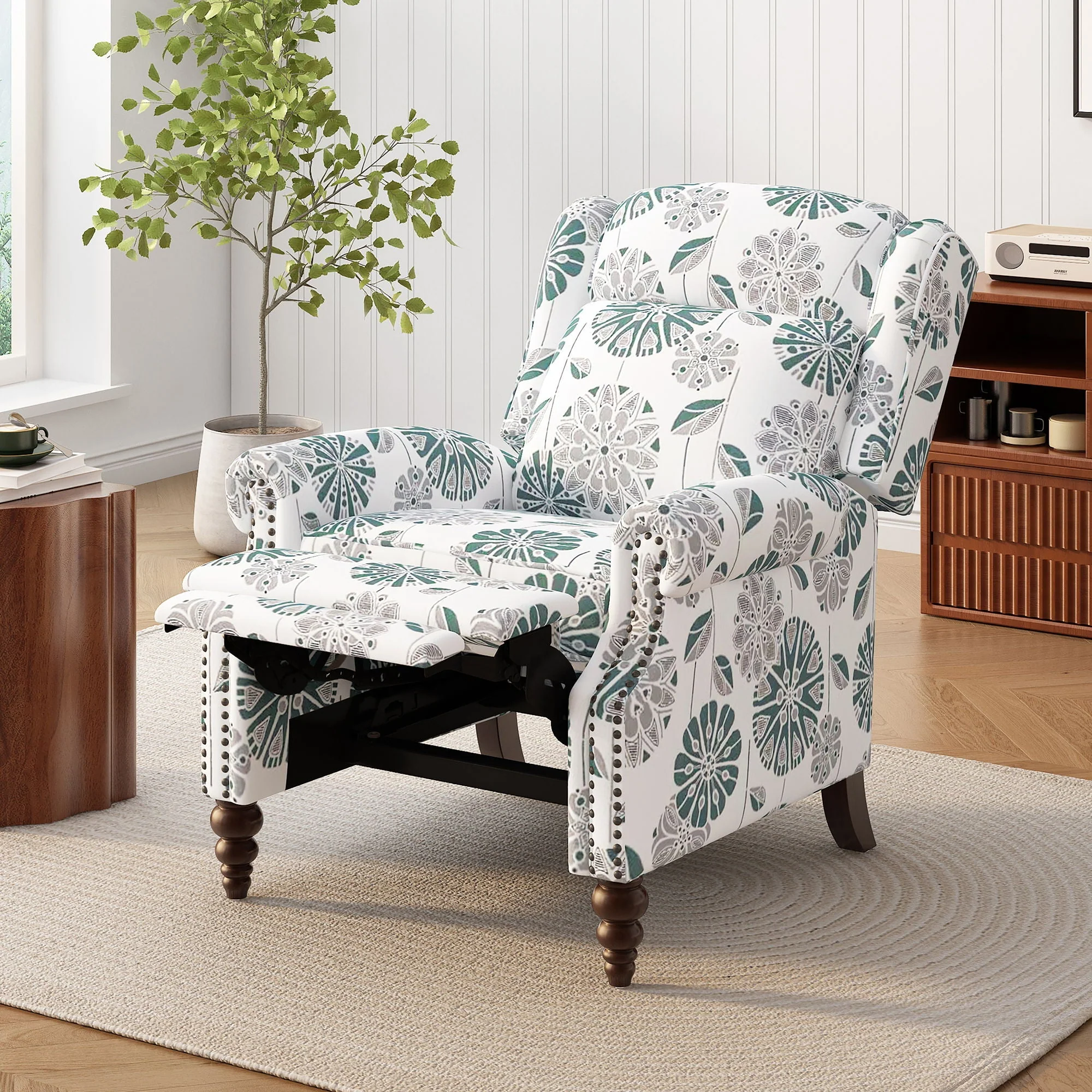 Push Back Recliner Chair Upholstered With Classic Wing Back And Solid Gourd-Shaped Legs - Image 8