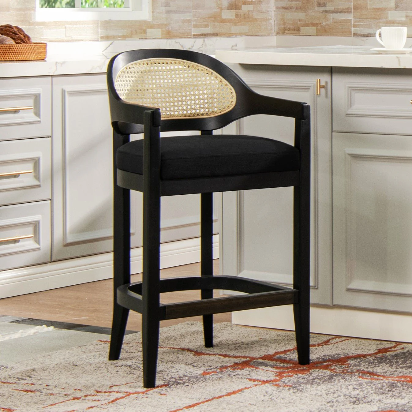 Pyrla 26" Upholstered Counter Stool with Curved Cane Back and Wood Legs - Image 20