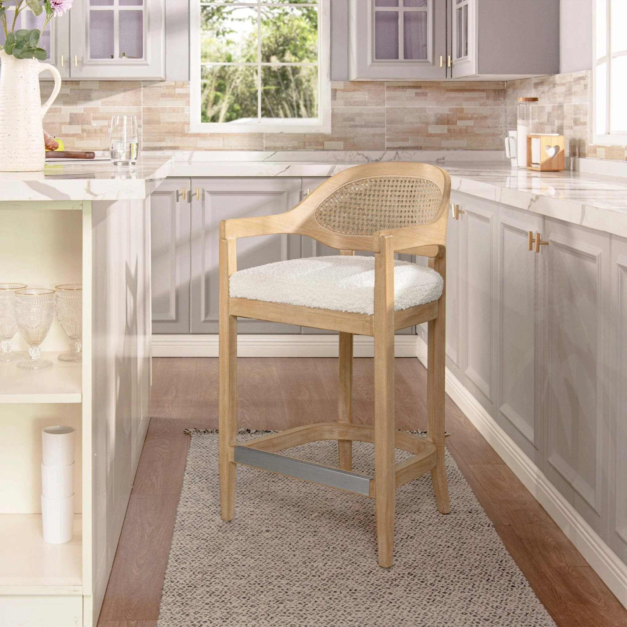 Pyrla 26" Upholstered Counter Stool with Curved Cane Back and Wood Legs - Image 25