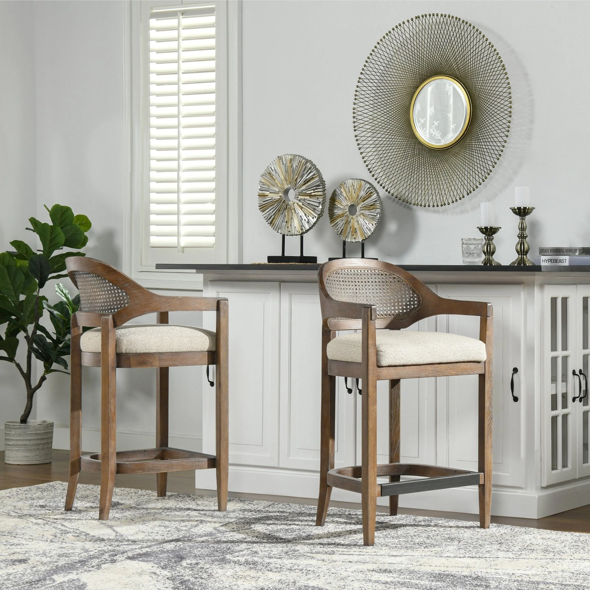 Pyrla 26" Upholstered Counter Stool with Curved Cane Back and Wood Legs - Image 9
