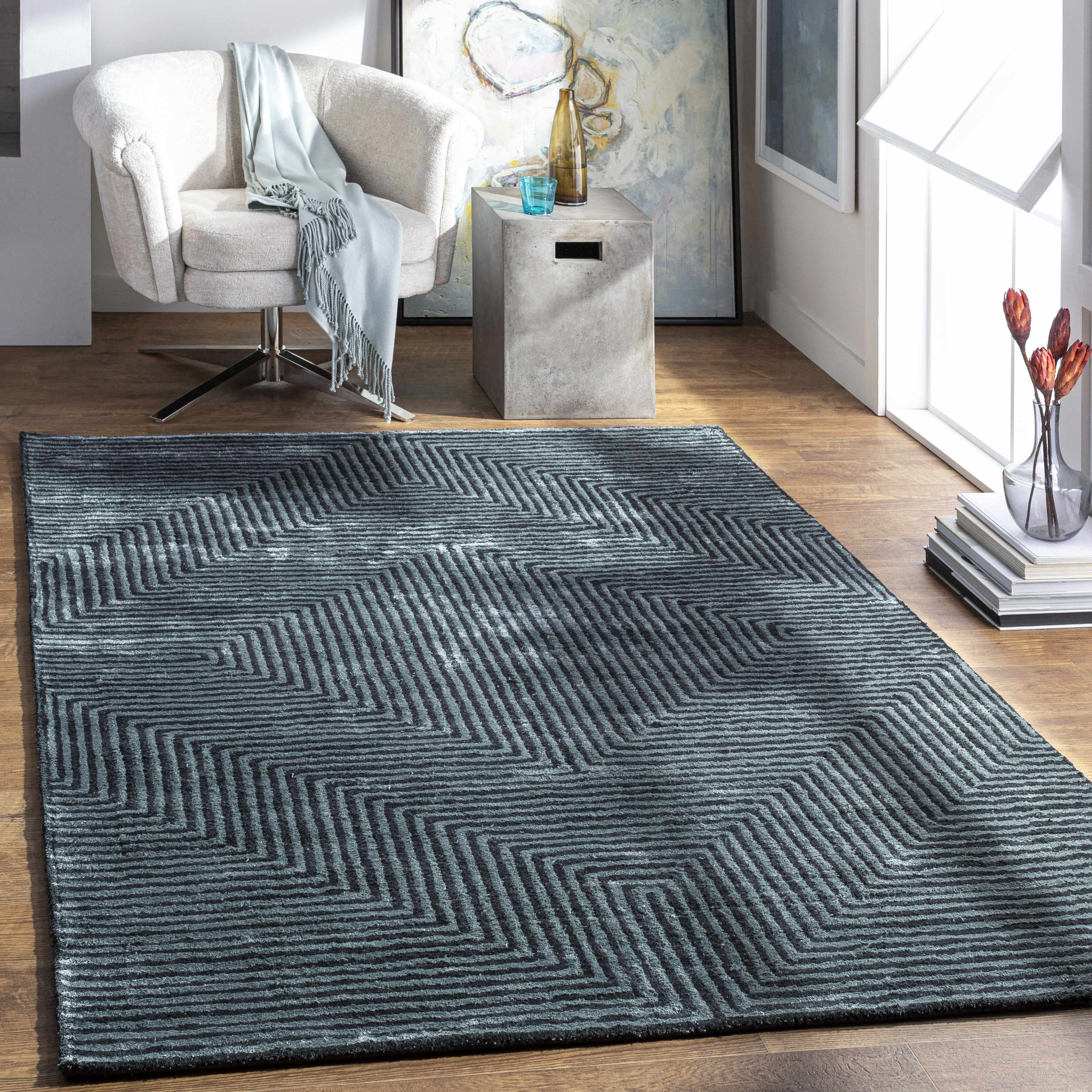 Quartz Patterned Sheen Blue/Green Viscose Rug - Image 2