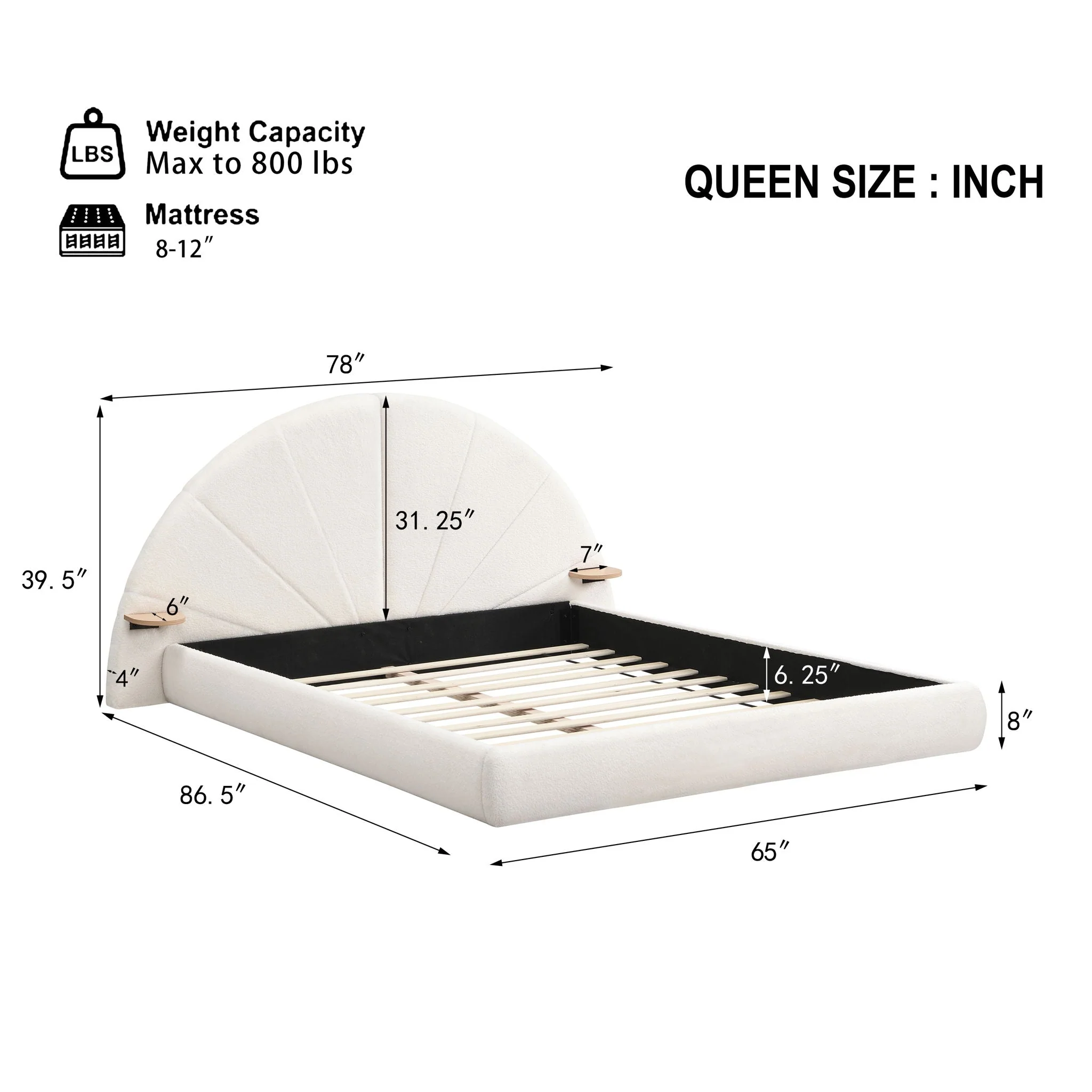 Queen Arched Bed With Small Table, Floor Standing Design - Beige - Image 2