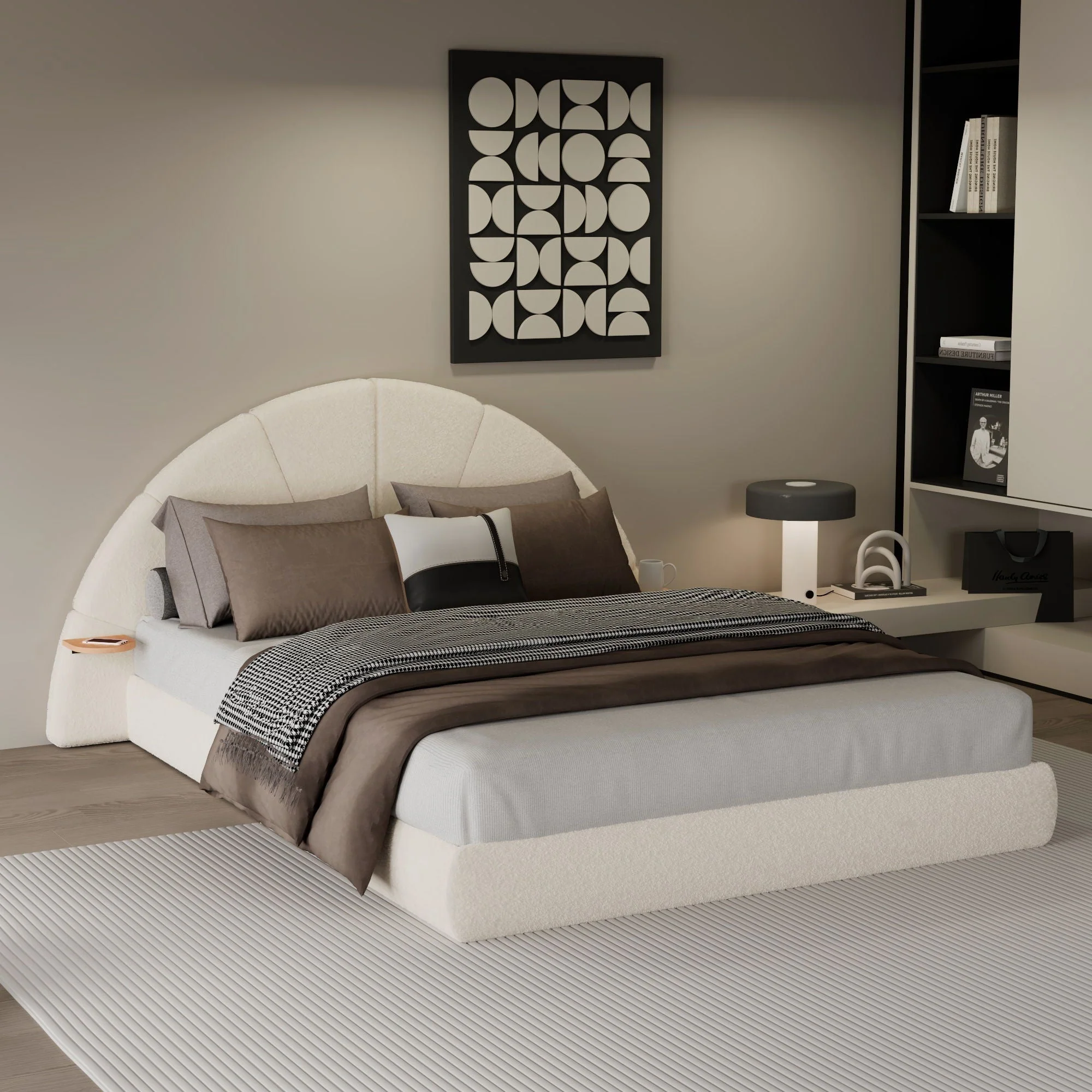 Queen Arched Bed With Small Table, Floor Standing Design - Beige - Image 3