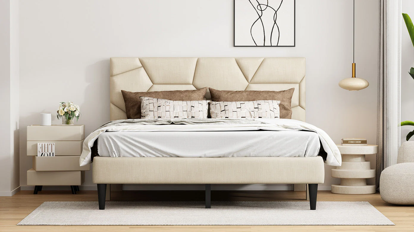 Queen Bed Frame with Linen Storage Headboard in Beige - Image 10
