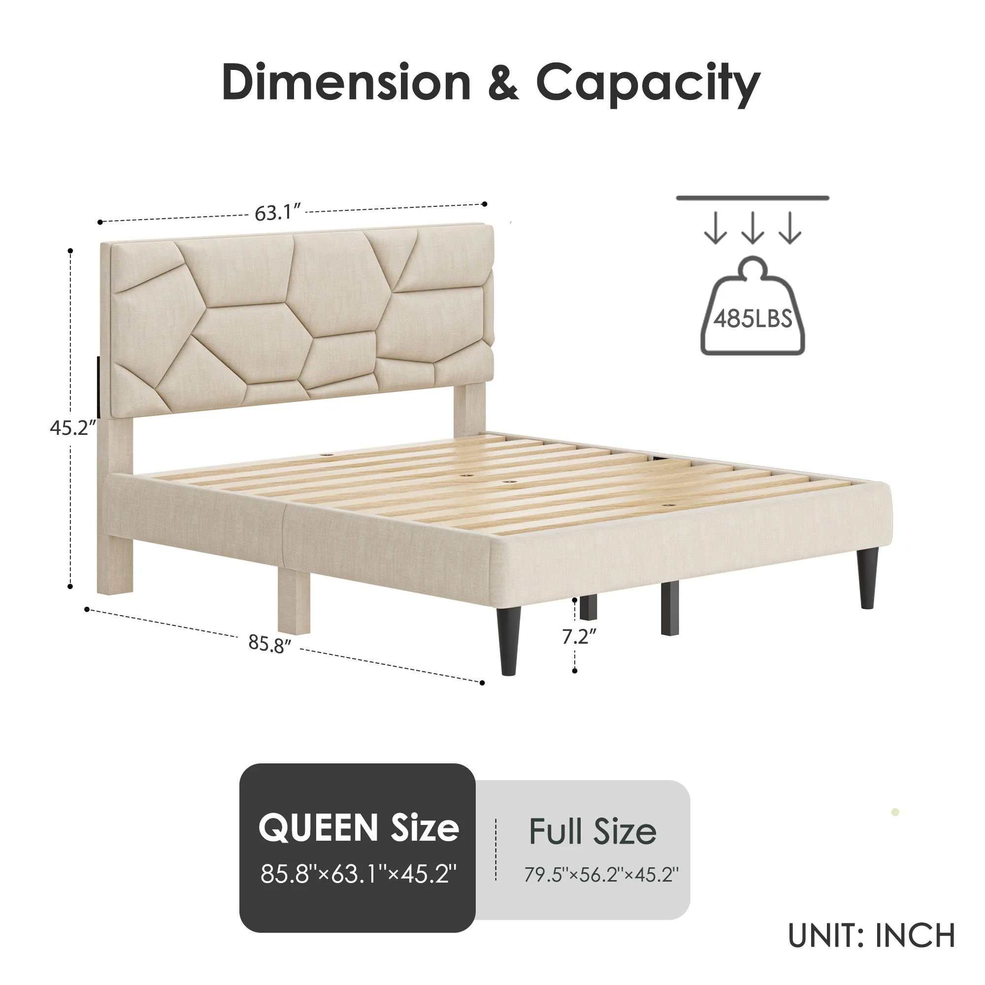 Queen Bed Frame with Linen Storage Headboard in Beige - Image 3