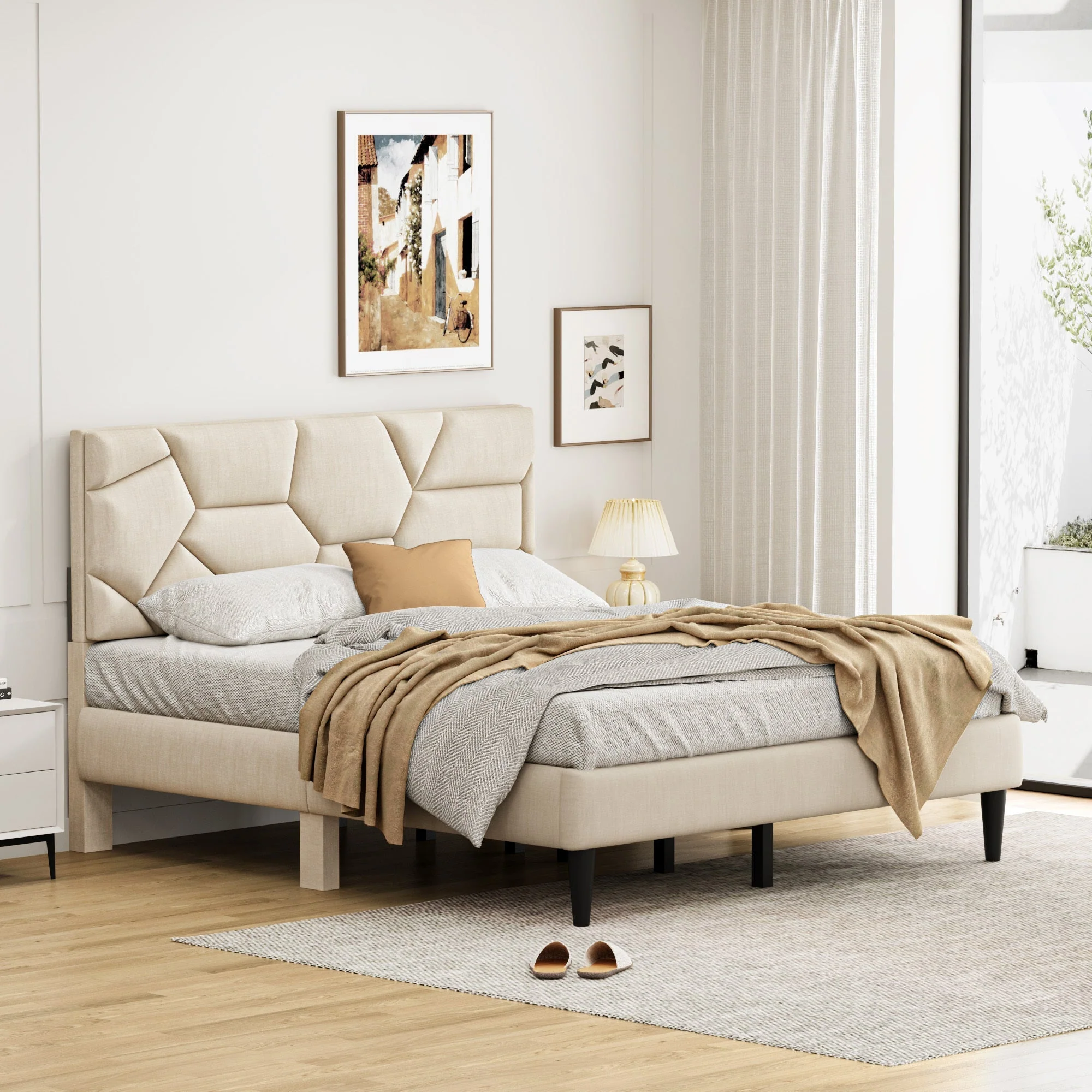 Queen Bed Frame with Linen Storage Headboard in Beige - Image 4