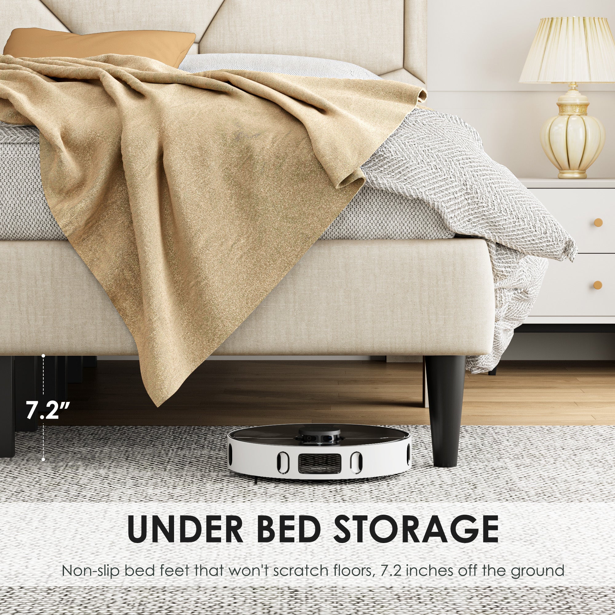 Queen Bed Frame with Linen Storage Headboard in Beige - Image 5