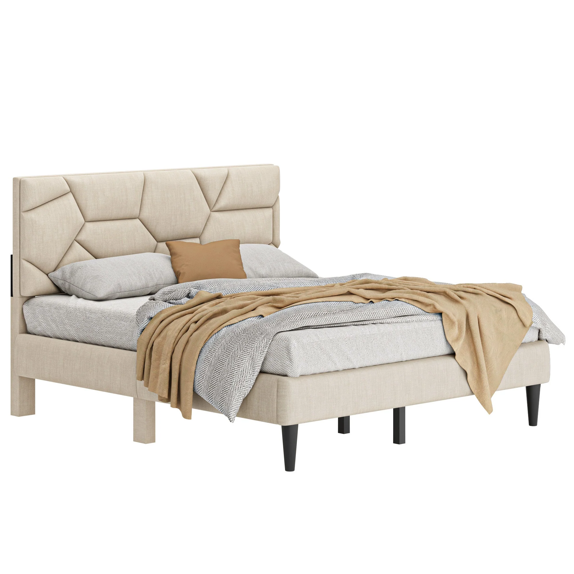 Queen Bed Frame with Linen Storage Headboard in Beige - Image 7