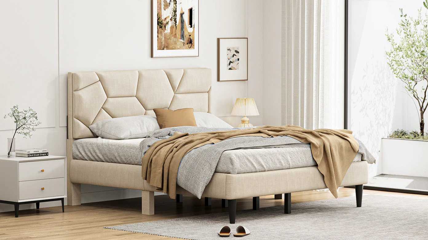 Queen Bed Frame with Linen Storage Headboard in Beige - Image 9