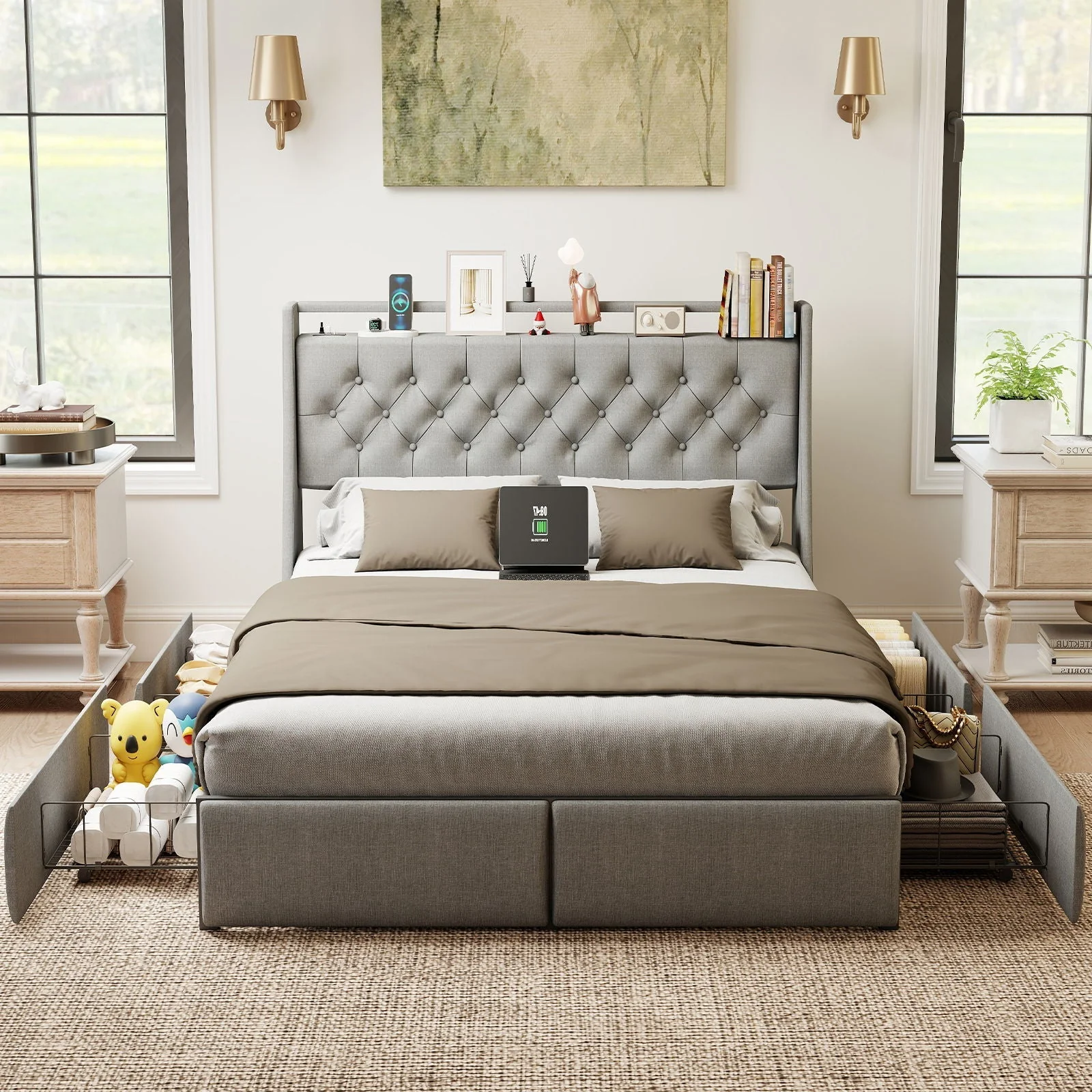Queen Platform Bed Frame With RGB LED & Charging Station, Storage Headboard - Gray - Image 2