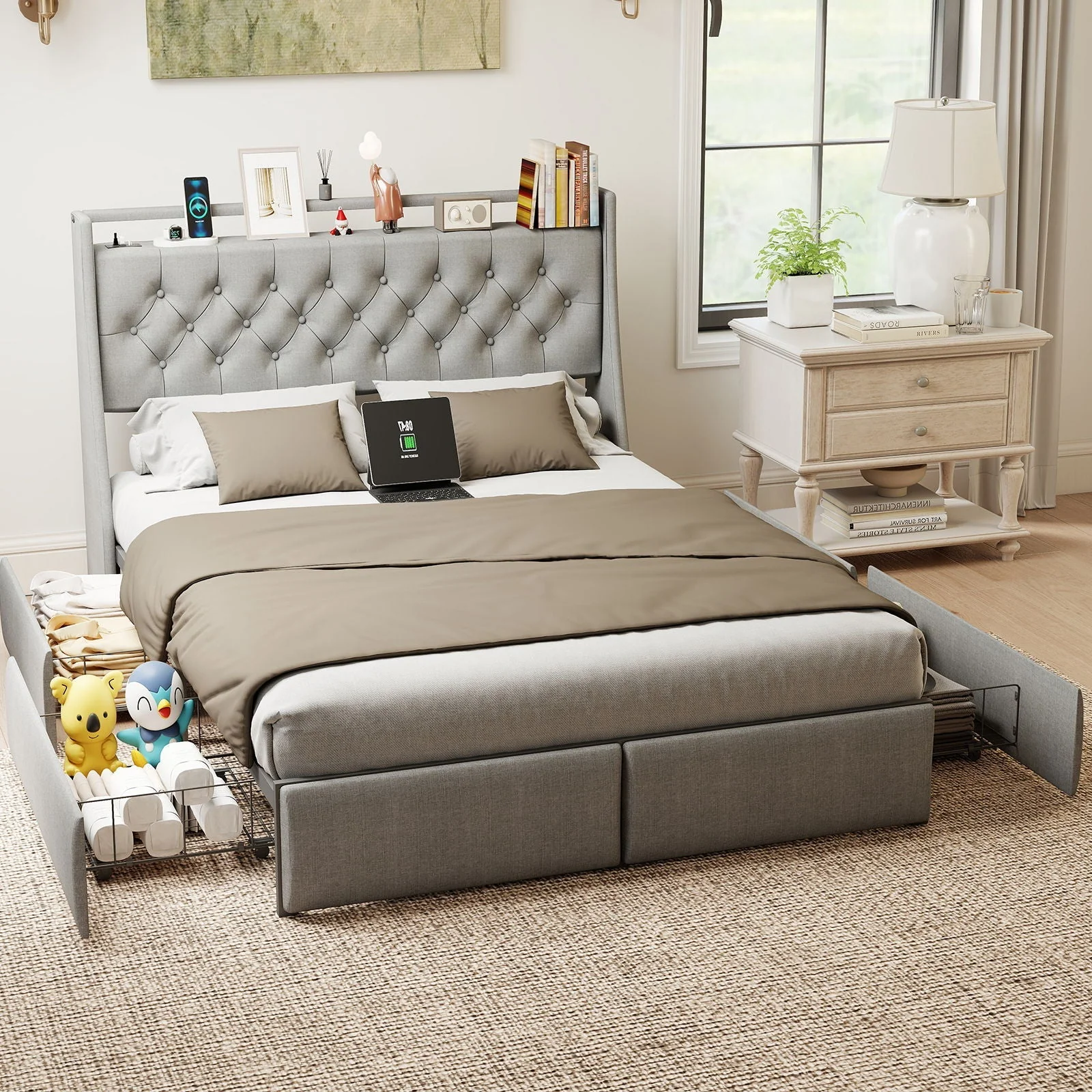 Queen Platform Bed Frame With RGB LED & Charging Station, Storage Headboard - Gray - Image 3