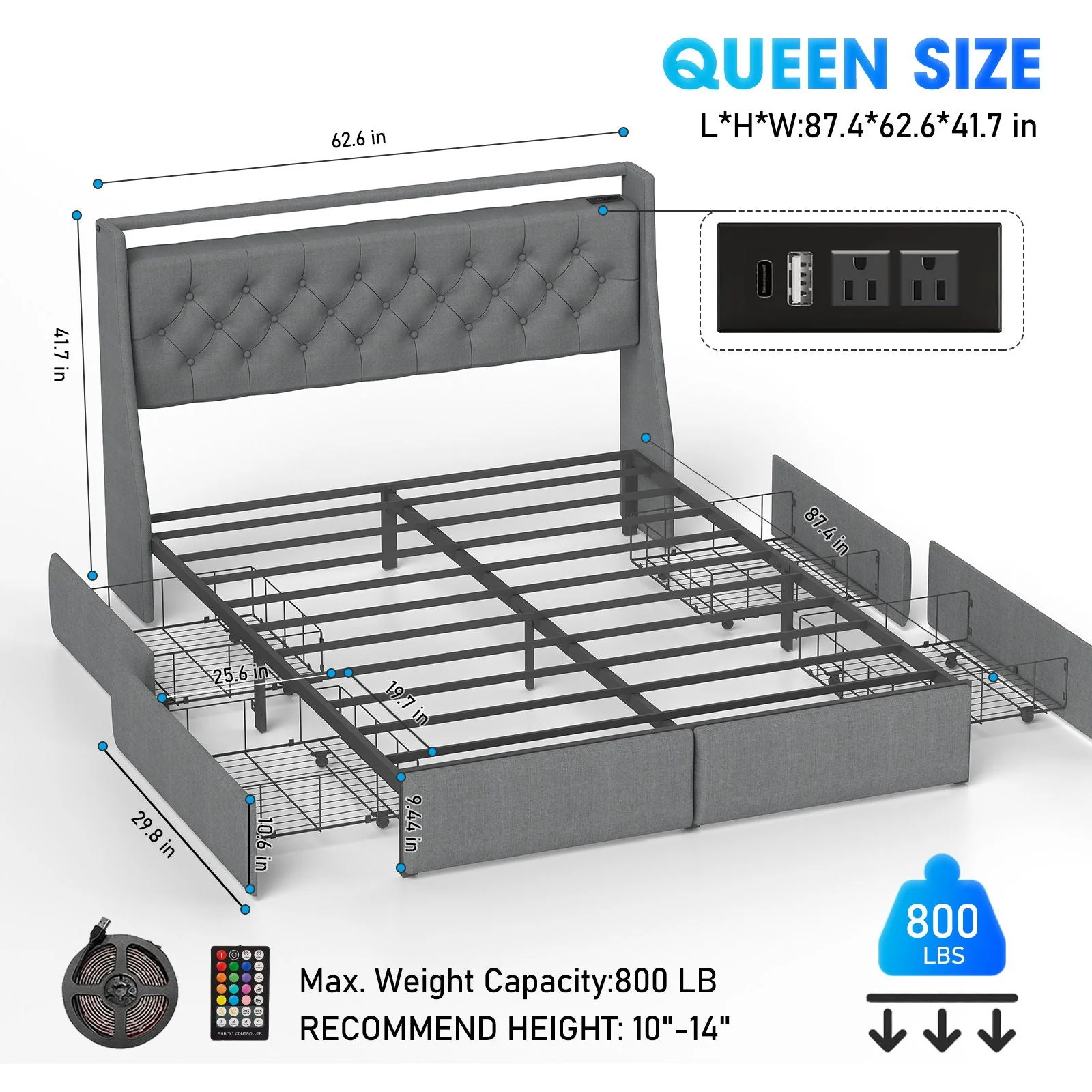 Queen Platform Bed Frame With RGB LED & Charging Station, Storage Headboard - Gray - Image 4