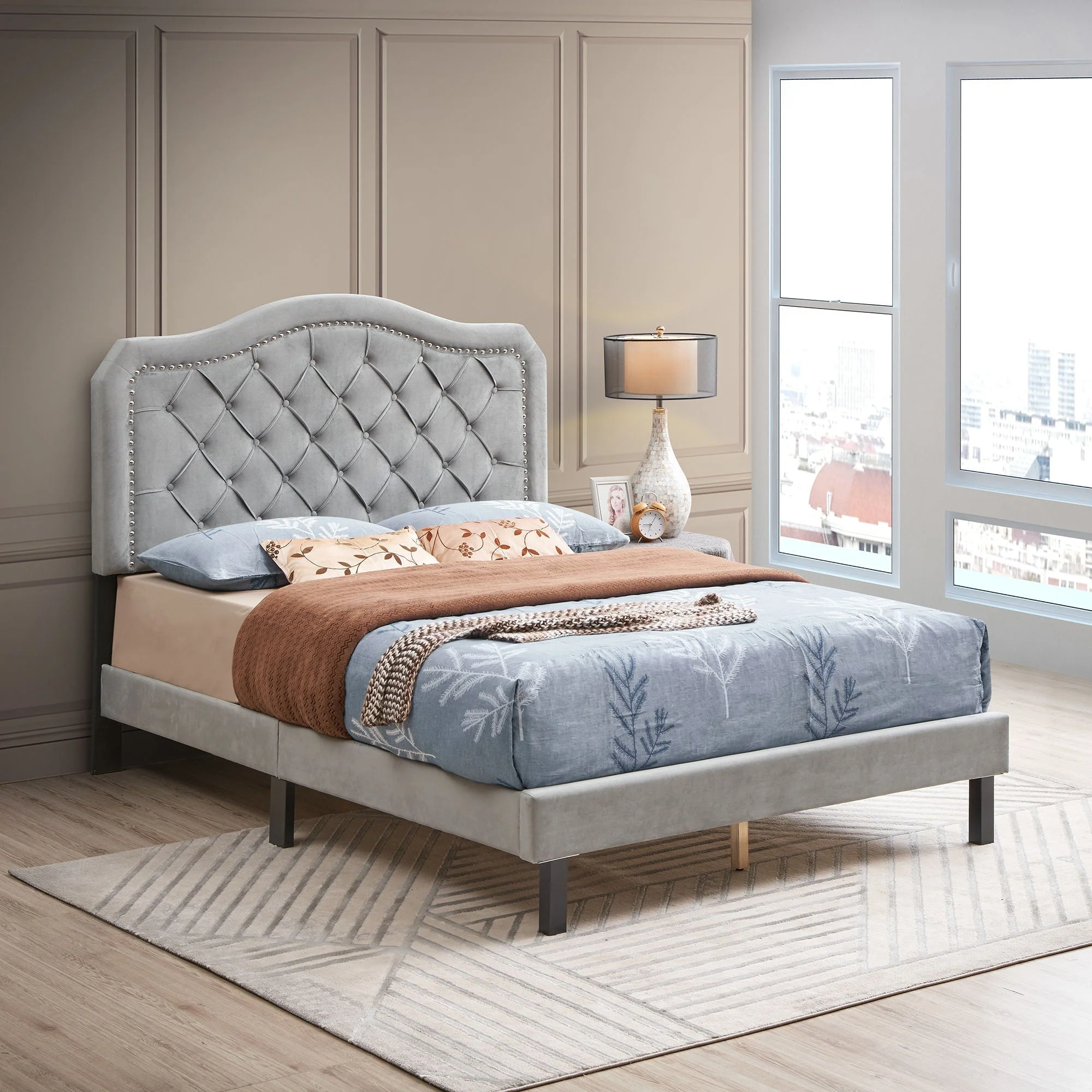 Queen Platform Upholstered Bed Button Tufted With Curve Design, Strong Wood Slat Support - Gray - Image 3