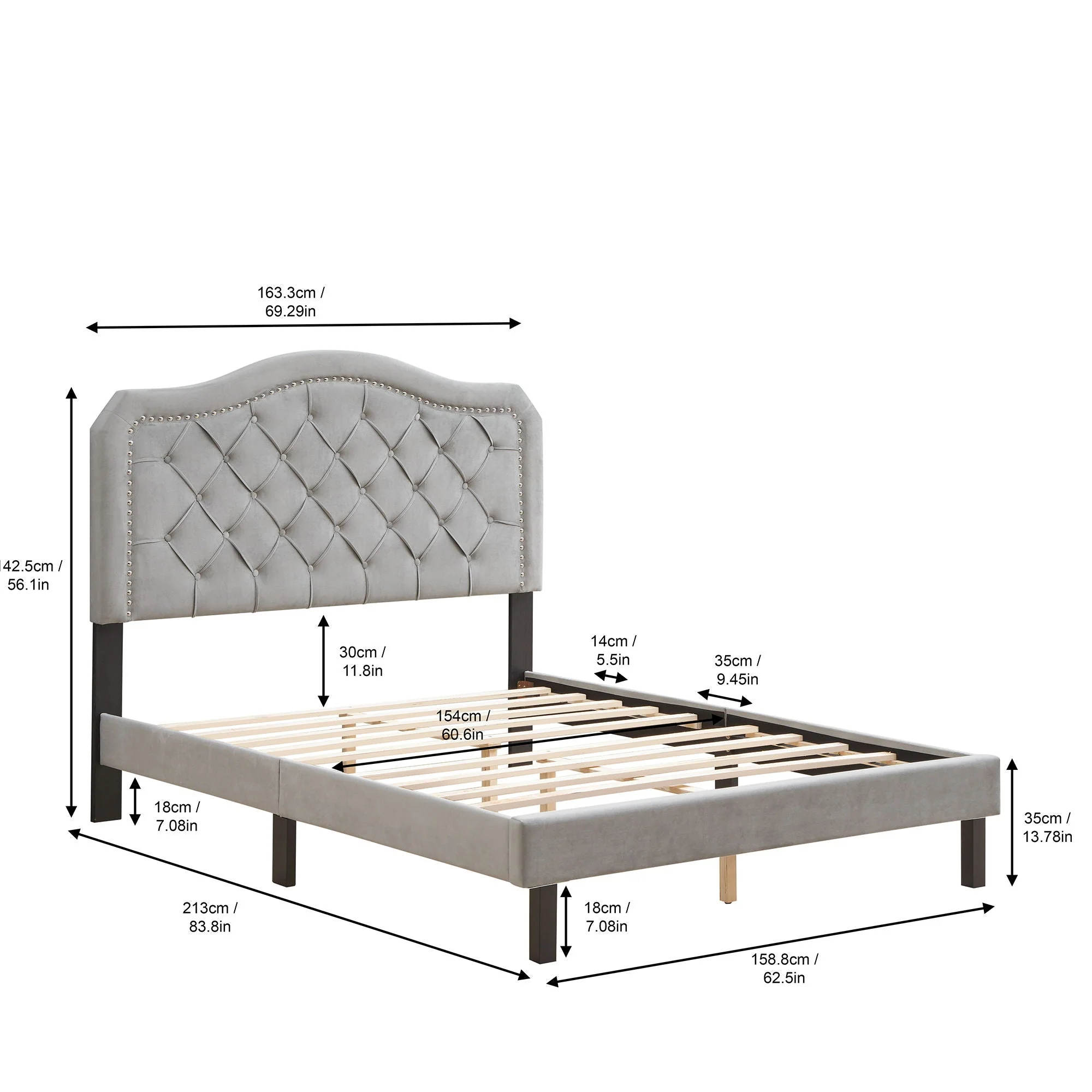Queen Platform Upholstered Bed Button Tufted With Curve Design, Strong Wood Slat Support - Gray - Image 4
