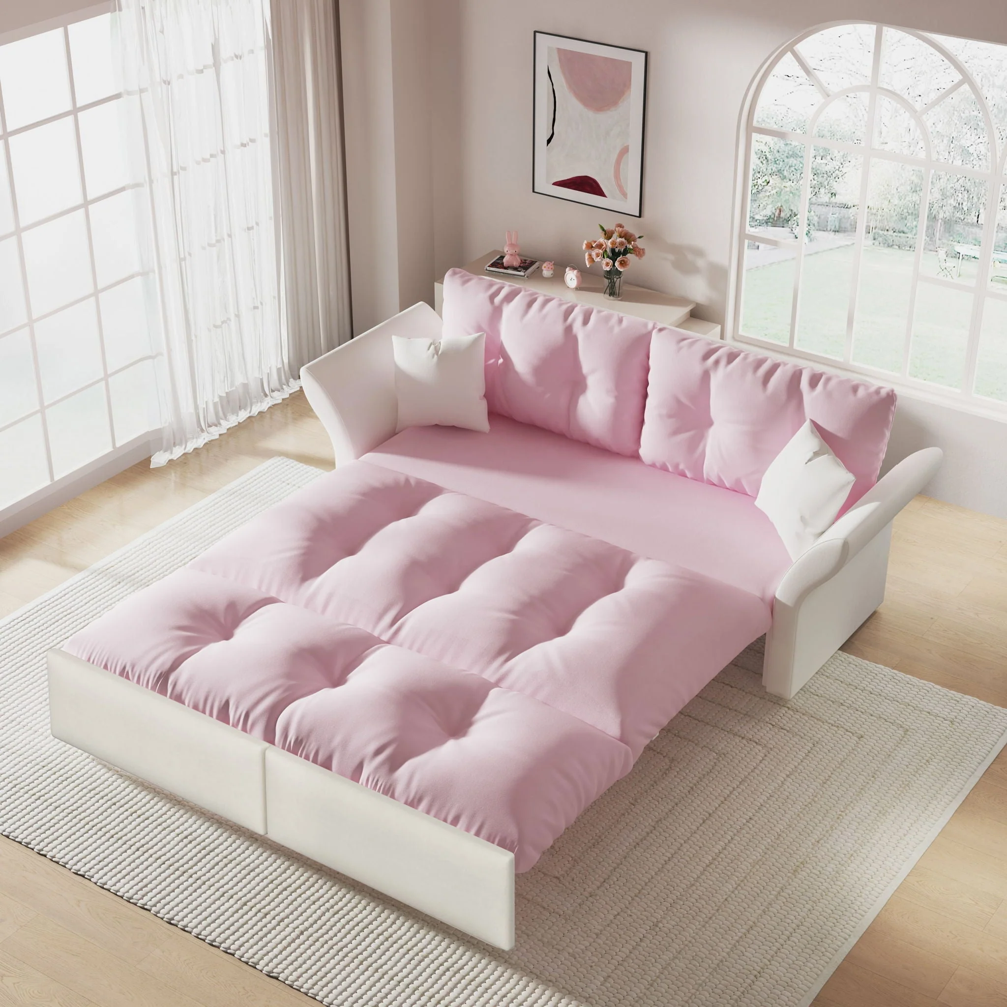 Queen Pull Out, 3 In 1 Convertible Sleeper Tufted Sofa & 2 Soft Pillows - Image 10