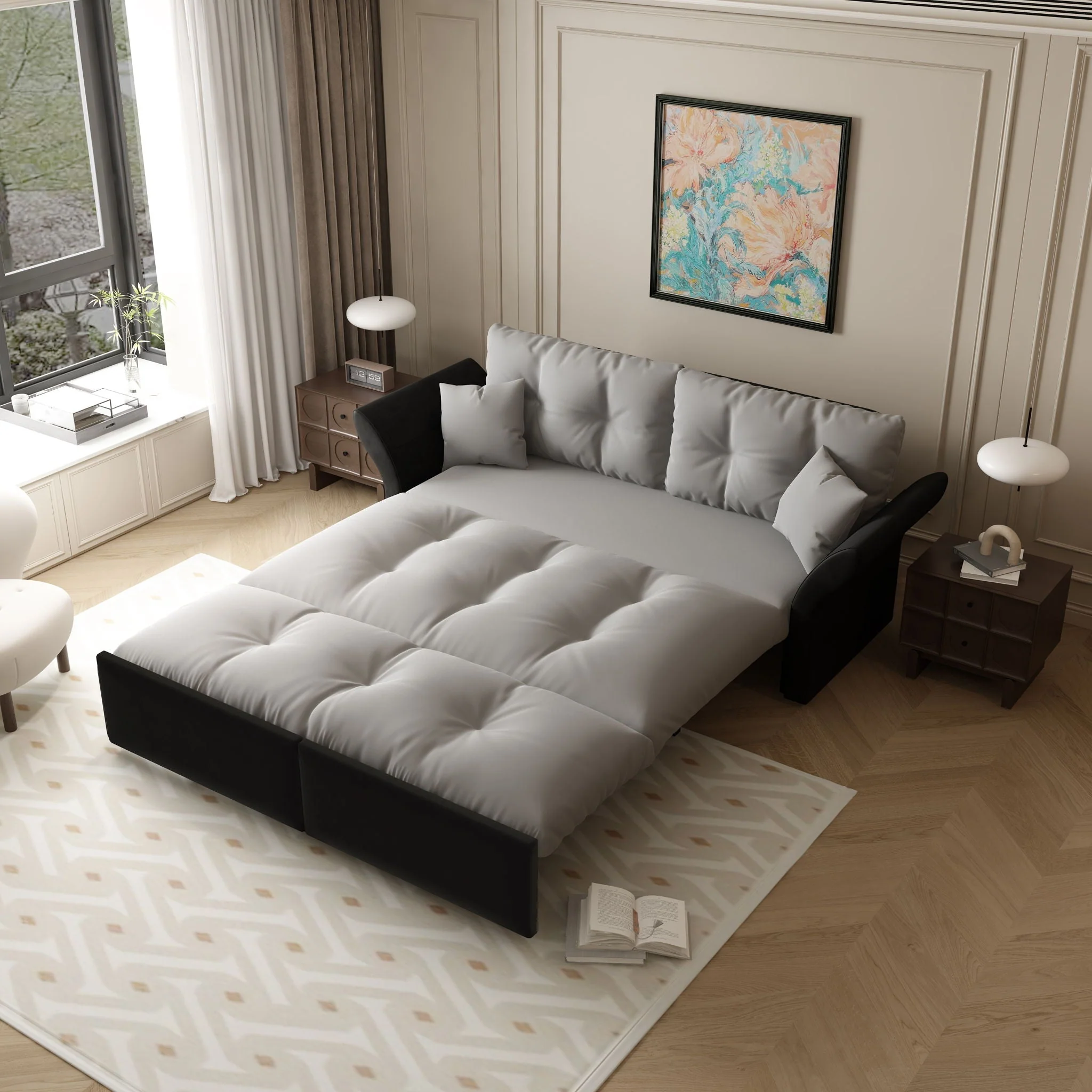 Queen Pull Out, 3 In 1 Convertible Sleeper Tufted Sofa & 2 Soft Pillows - Image 14