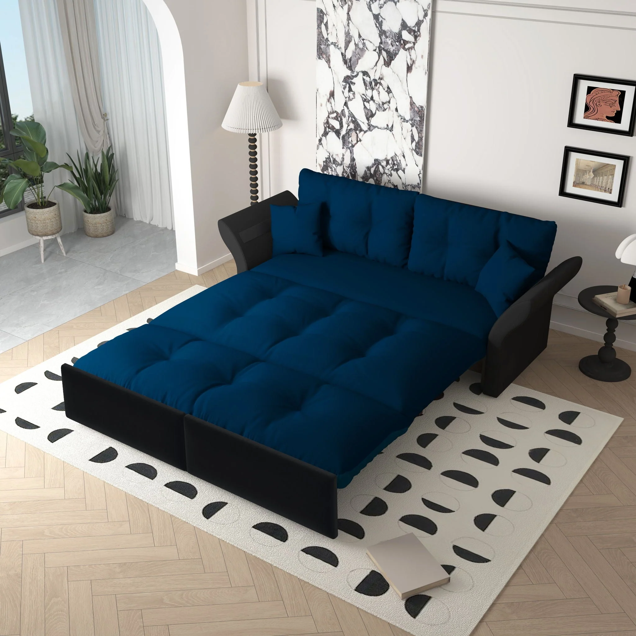 Queen Pull Out, 3 In 1 Convertible Sleeper Tufted Sofa & 2 Soft Pillows - Image 5