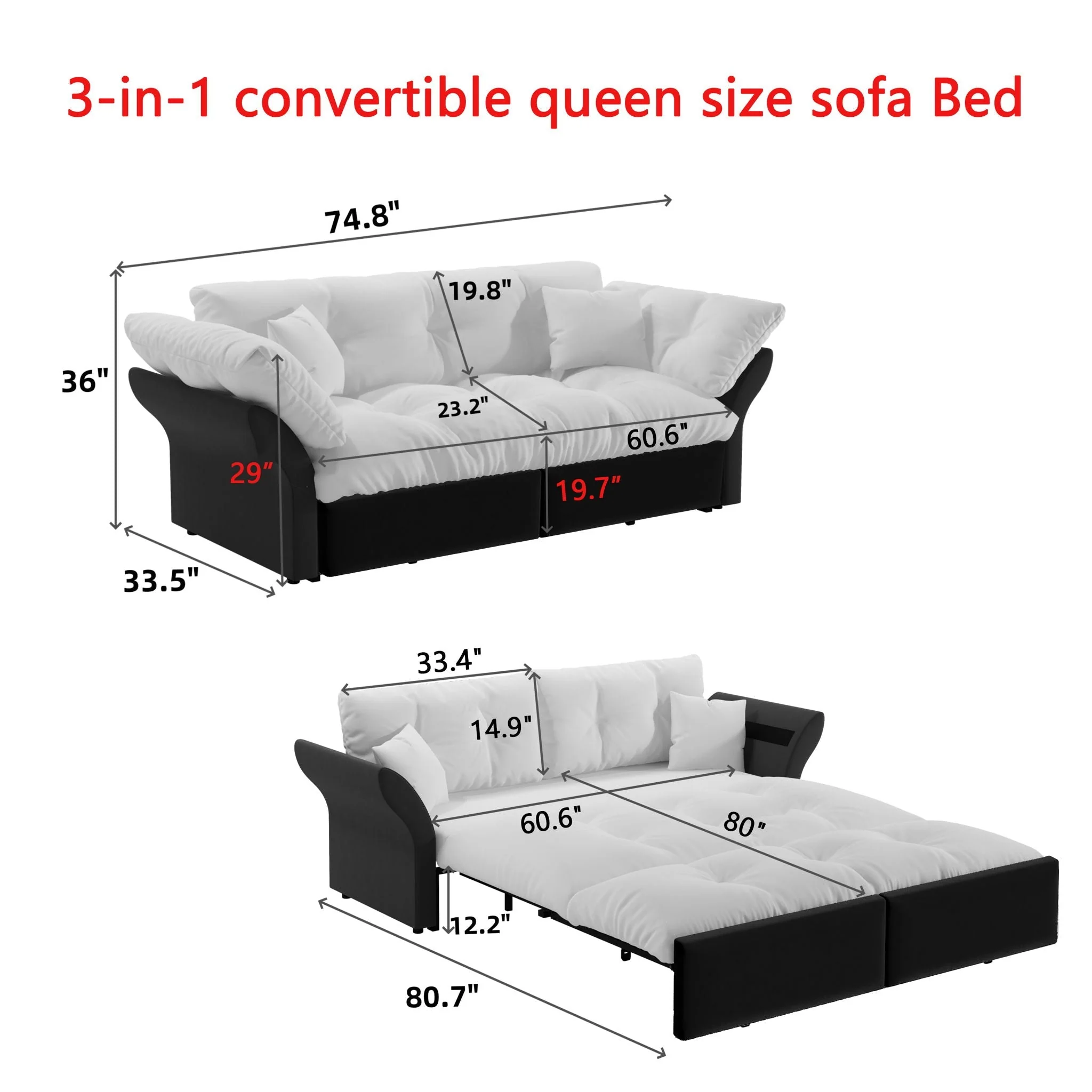 Queen Pull Out, 3 In 1 Convertible Sleeper Tufted Sofa & 2 Soft Pillows - Image 6