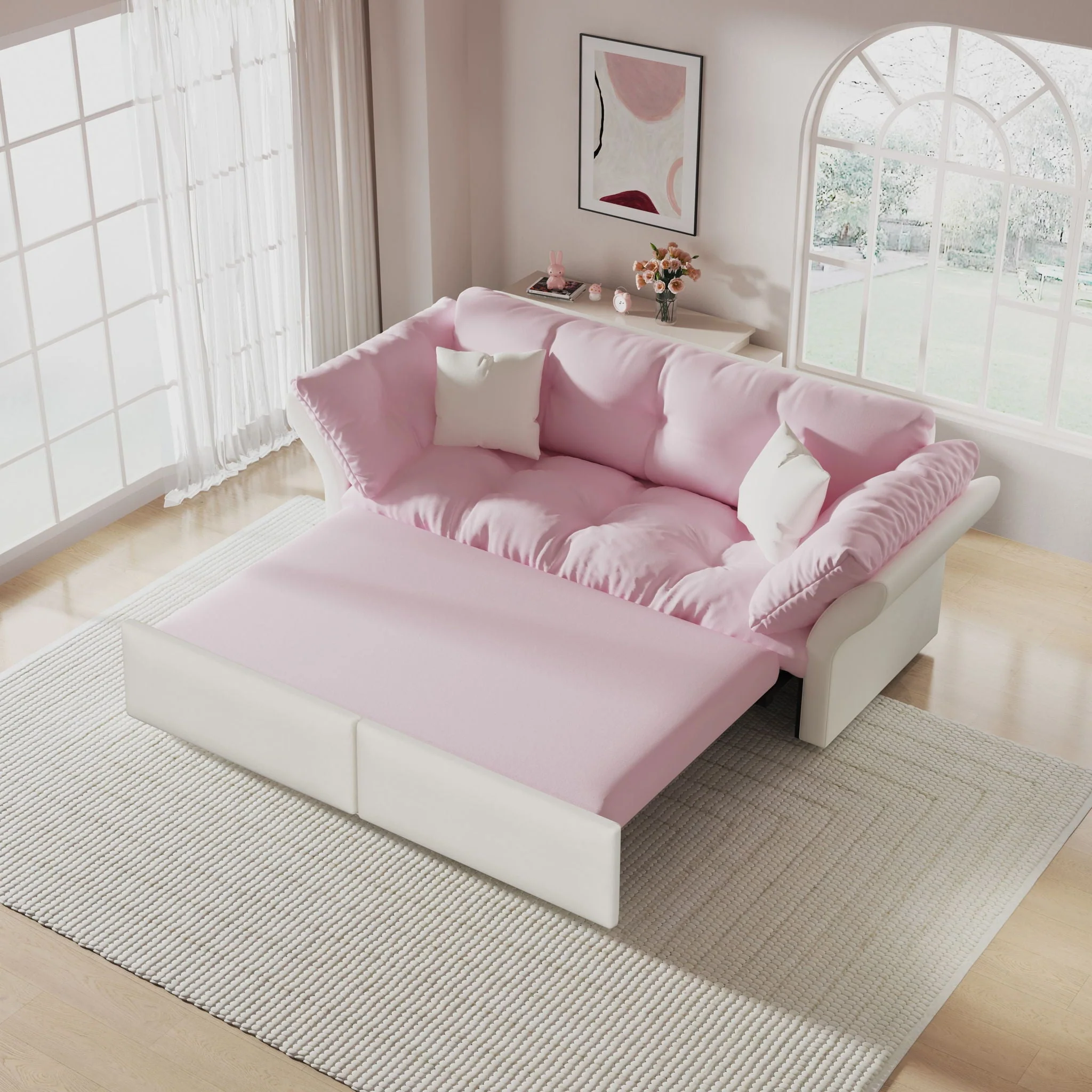 Queen Pull Out, 3 In 1 Convertible Sleeper Tufted Sofa & 2 Soft Pillows - Image 7