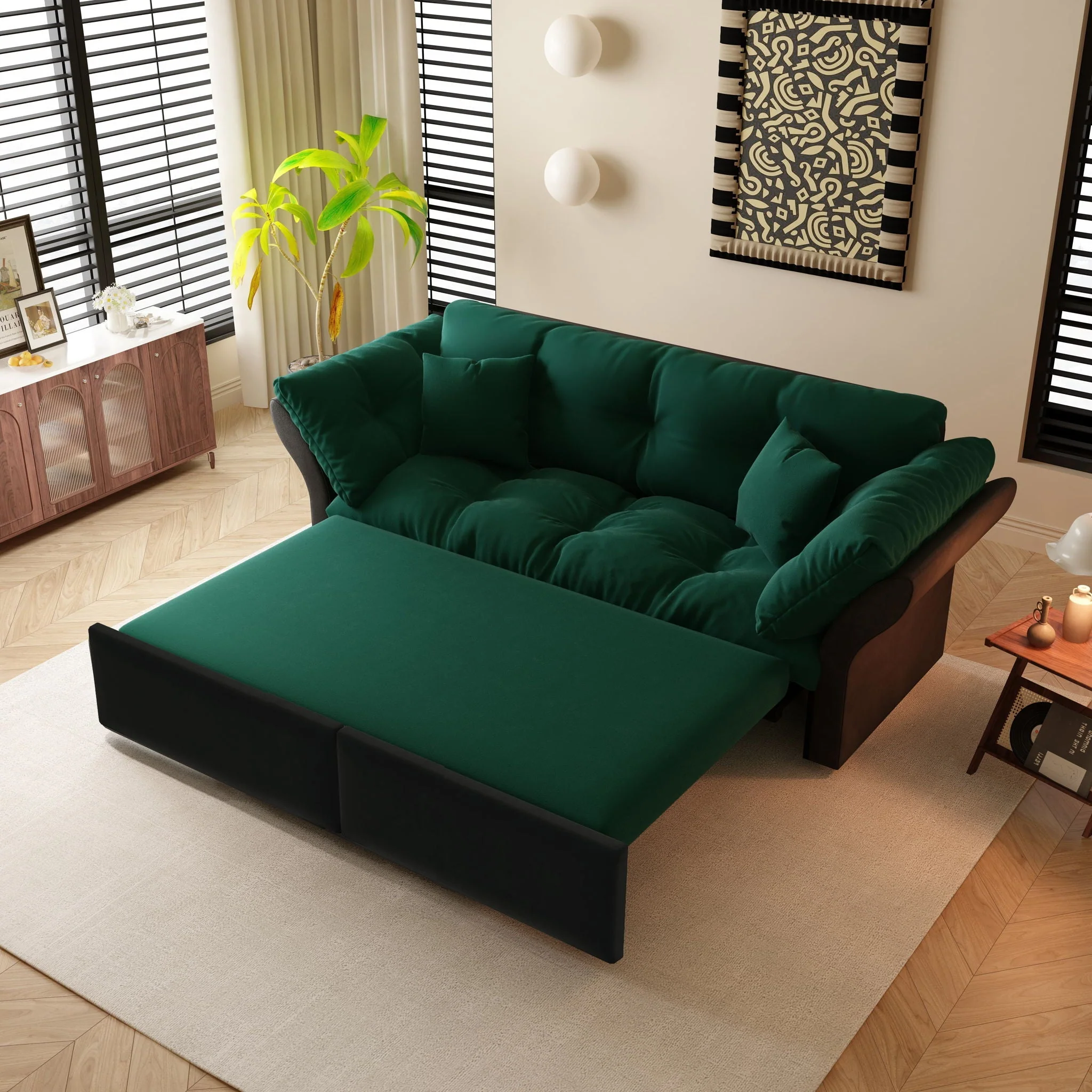 Queen Pull Out Sofa Bed, 3 In 1 Convertible Sleeper Tufted Sofa With 2 Soft Pillows - Image 2