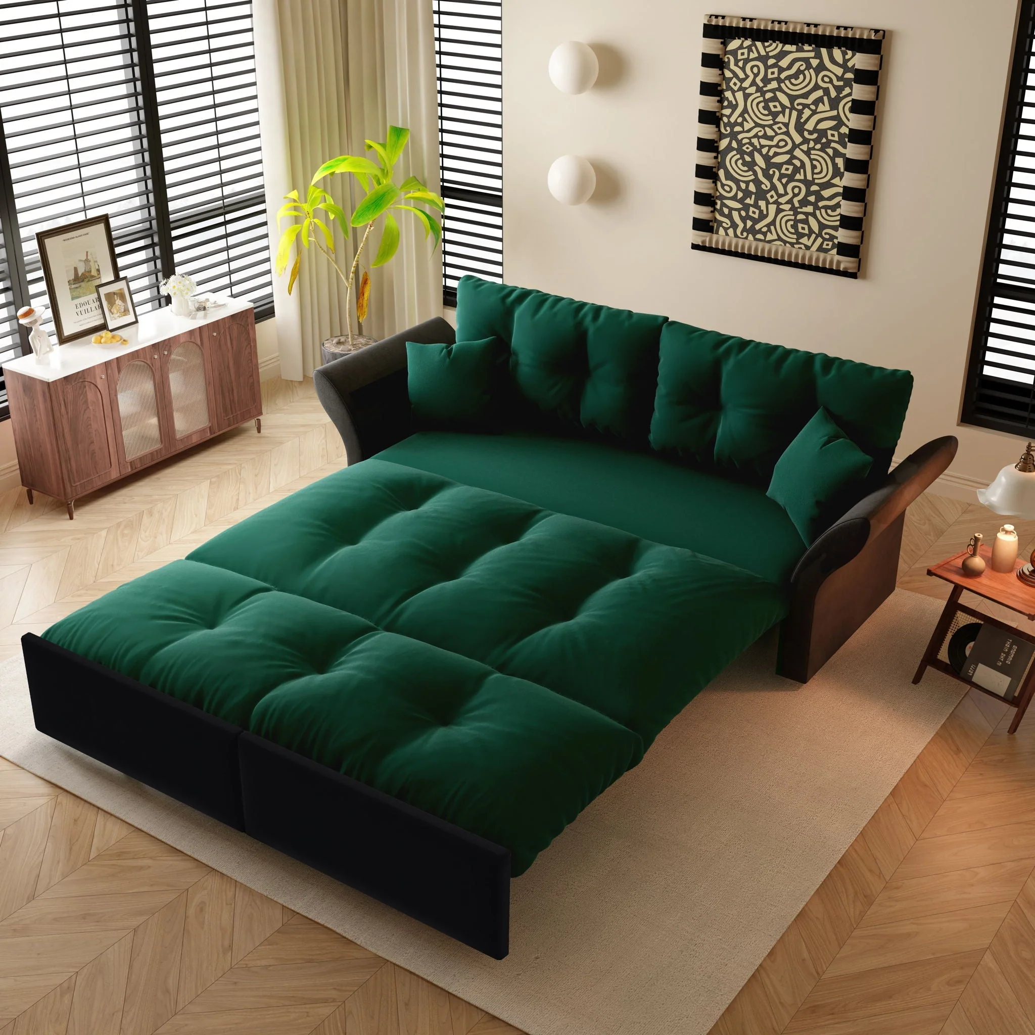 Queen Pull Out Sofa Bed, 3 In 1 Convertible Sleeper Tufted Sofa With 2 Soft Pillows - Image 3