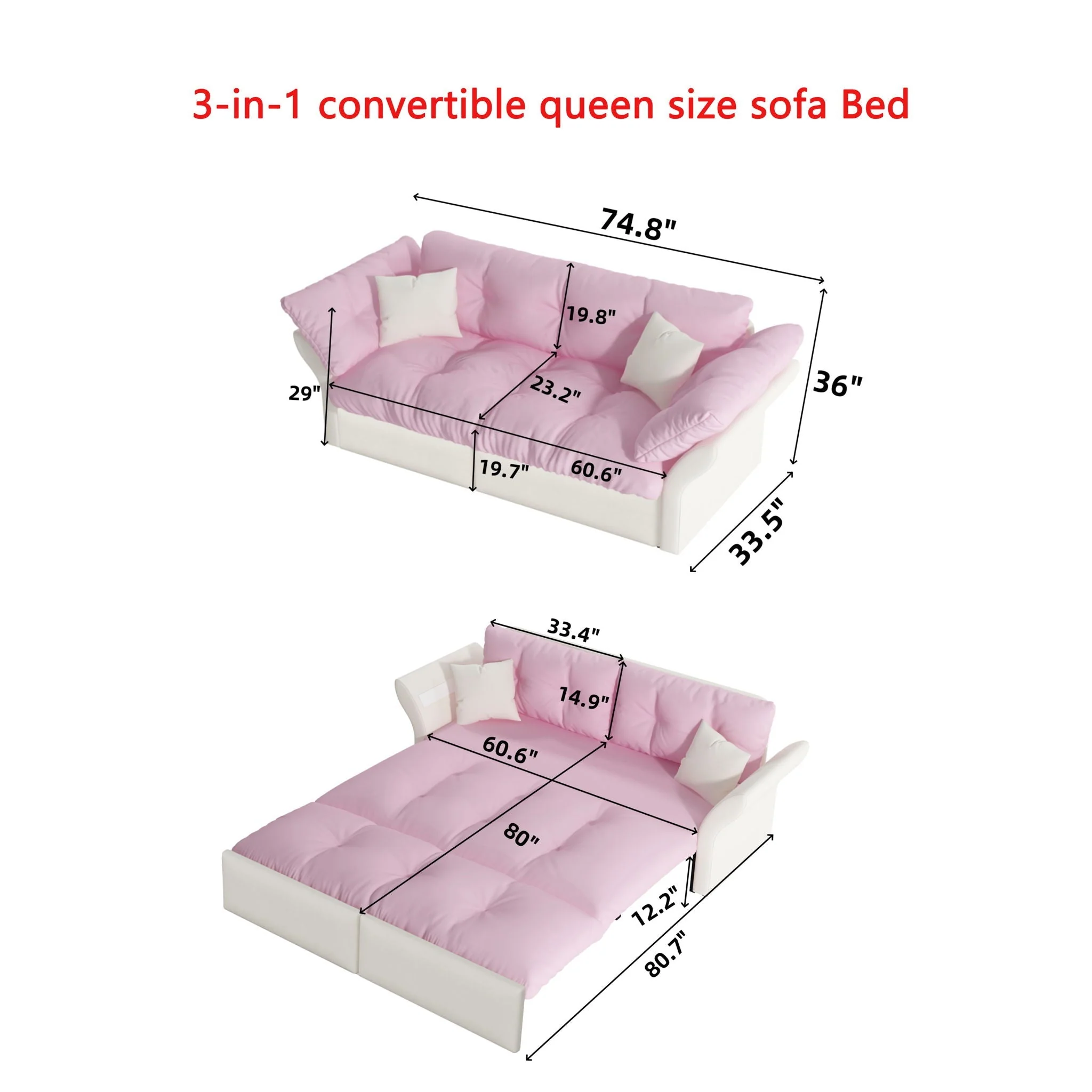 Queen Pull Out Sofa Bed, 3 In 1 Convertible Sleeper Tufted With 2 Soft Pillows - Image 7