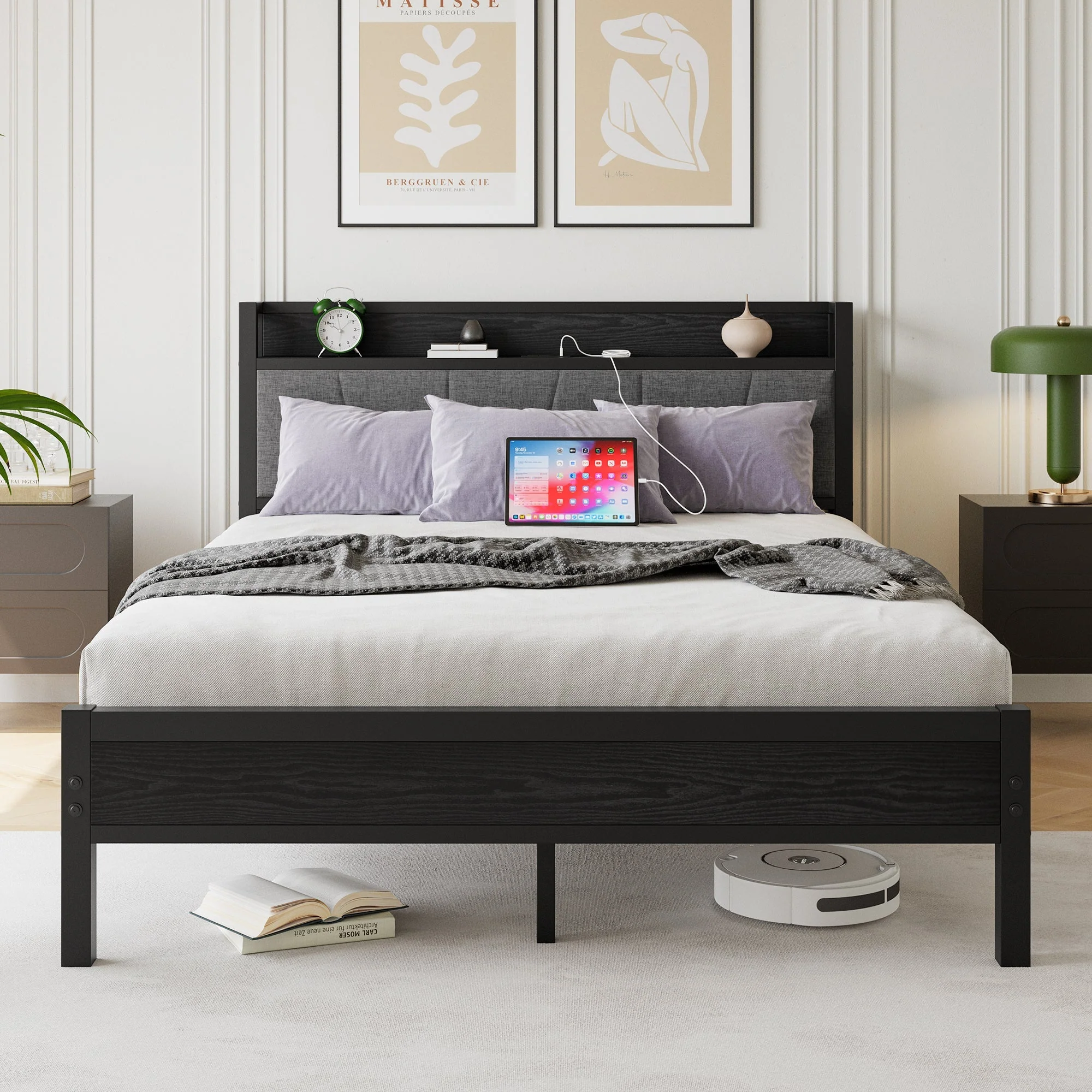 Queen Size Bed Frame with Storage Headboard and Charging Station - Image 14