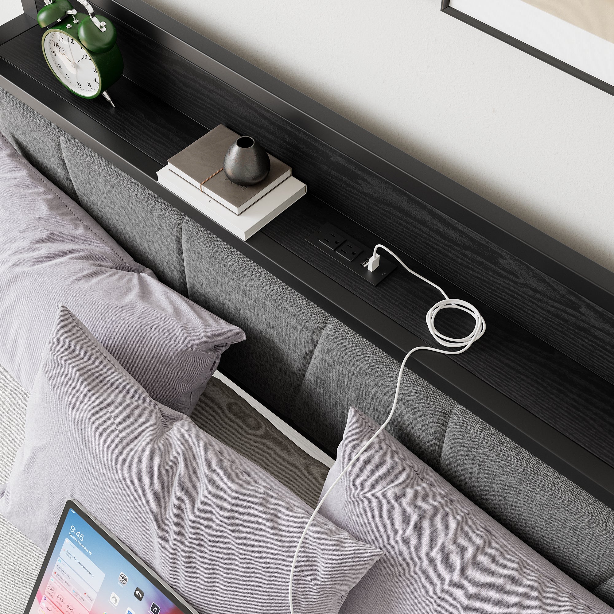 Queen Size Bed Frame with Storage Headboard and Charging Station - Image 4