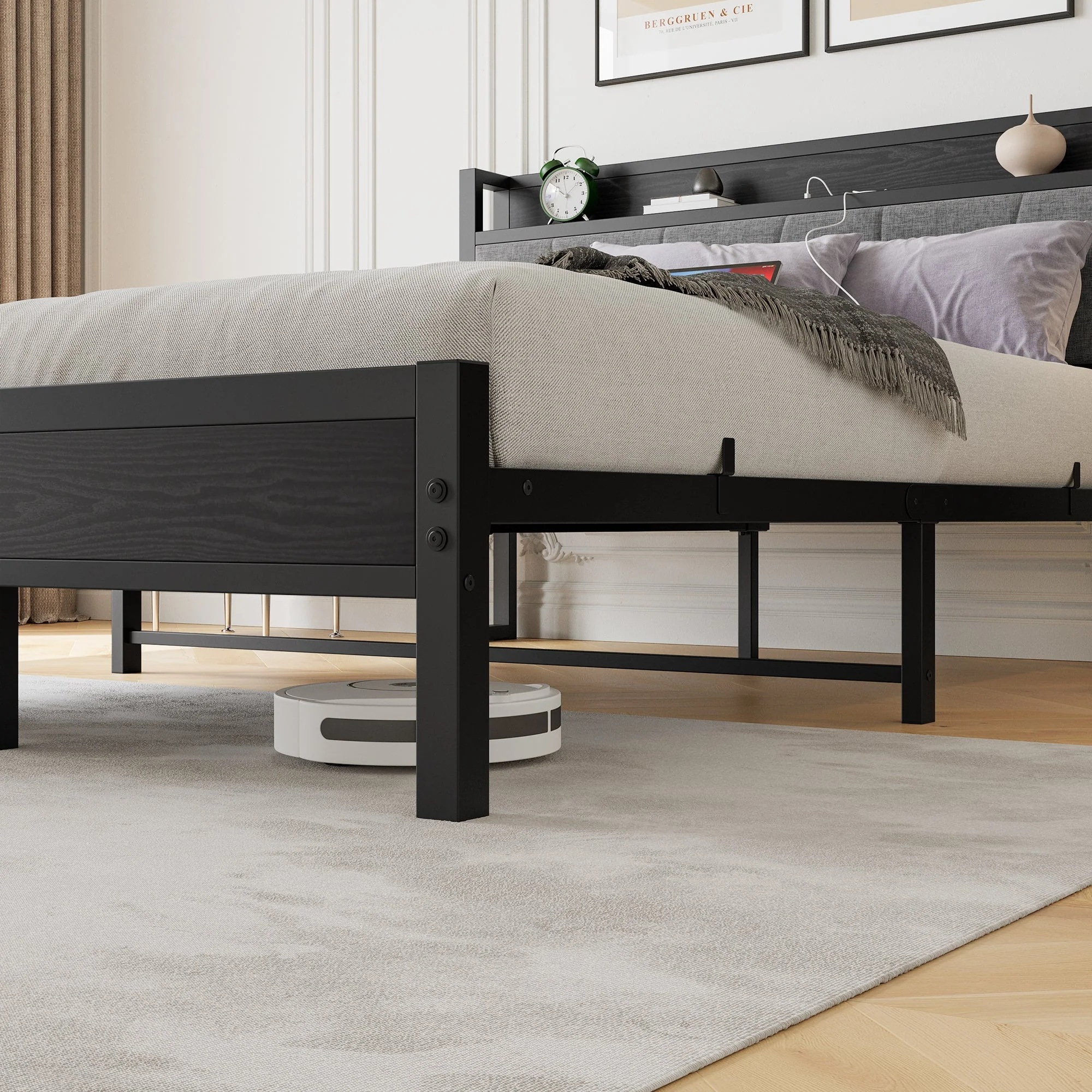 Queen Size Bed Frame with Storage Headboard and Charging Station - Image 6