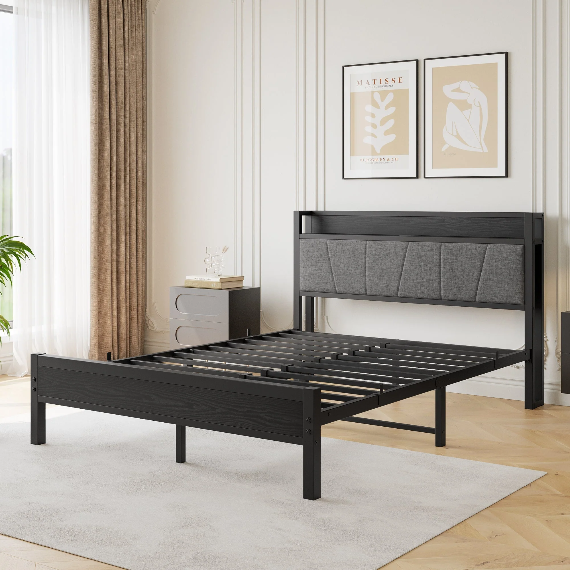 Queen Size Bed Frame with Storage Headboard and Charging Station - Image 7